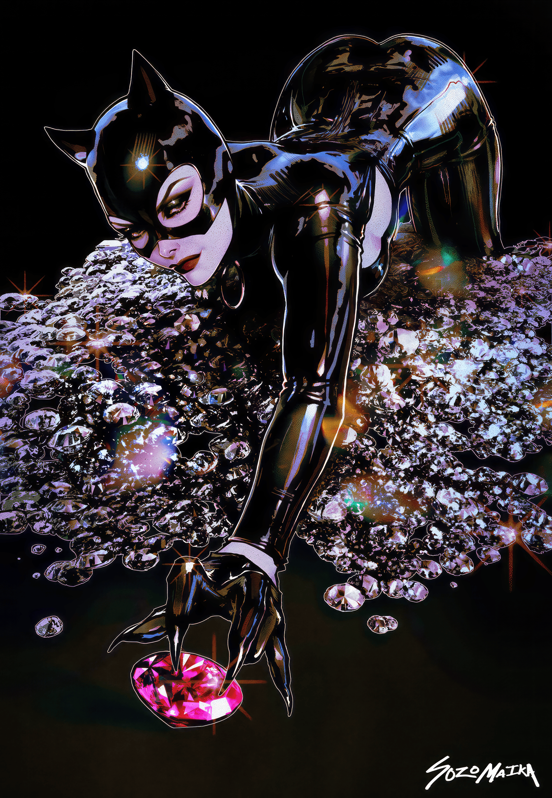 General 1870x2700 digital painting painting Catwoman diamonds jewels SOZOMAIKA bent over minimalism simple background gems black background latex bodysuit face mask looking at viewer long nails signature portrait display DC Comics