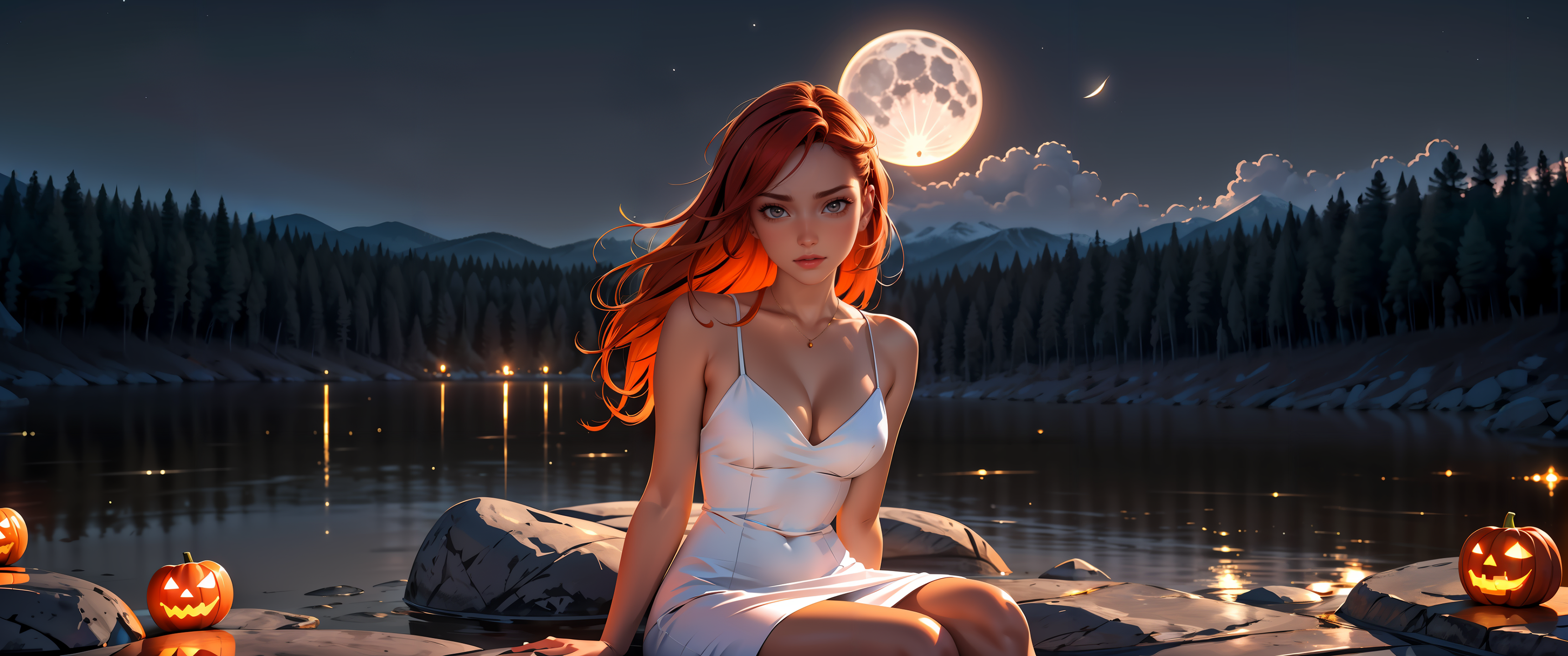 General 3440x1440 Halloween lake white dress night full moon forest Jack O' Lantern redhead Stable Diffusion AI art girl sitting on ground Moon pumpkin long hair cleavage necklace looking at viewer trees big boobs moonlight water reflection sky digital art clouds