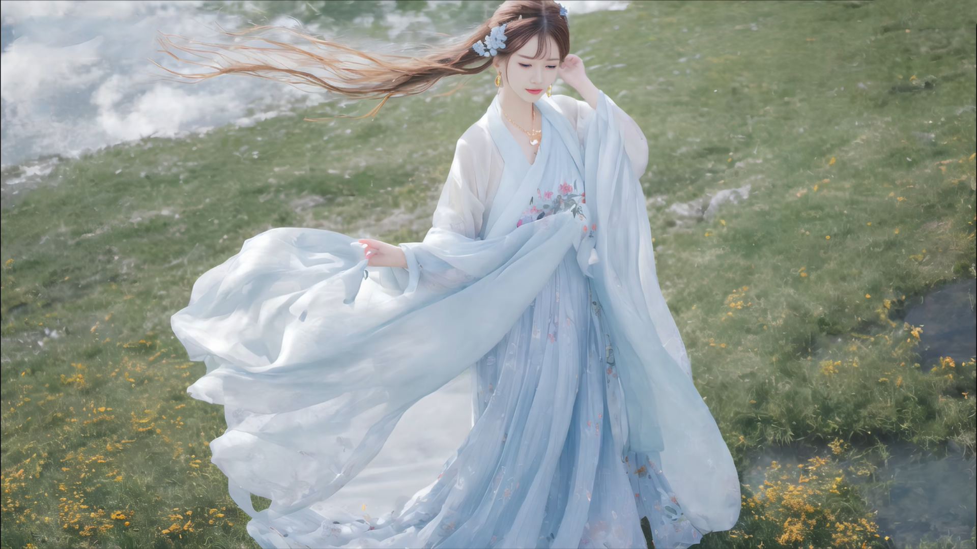 General 1920x1079 jia'q AI art Asian women long hair hair blowing in the wind wind grass earring dress standing digital art