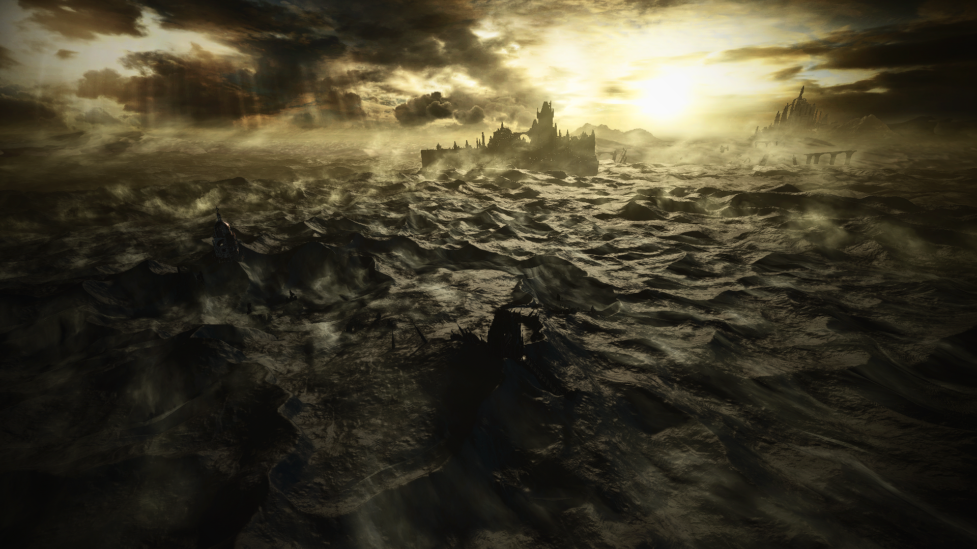 General 1920x1080 Dark Souls Dark Souls III From Software water video games waves video game art screen shot sunlight sky CGI clouds castle