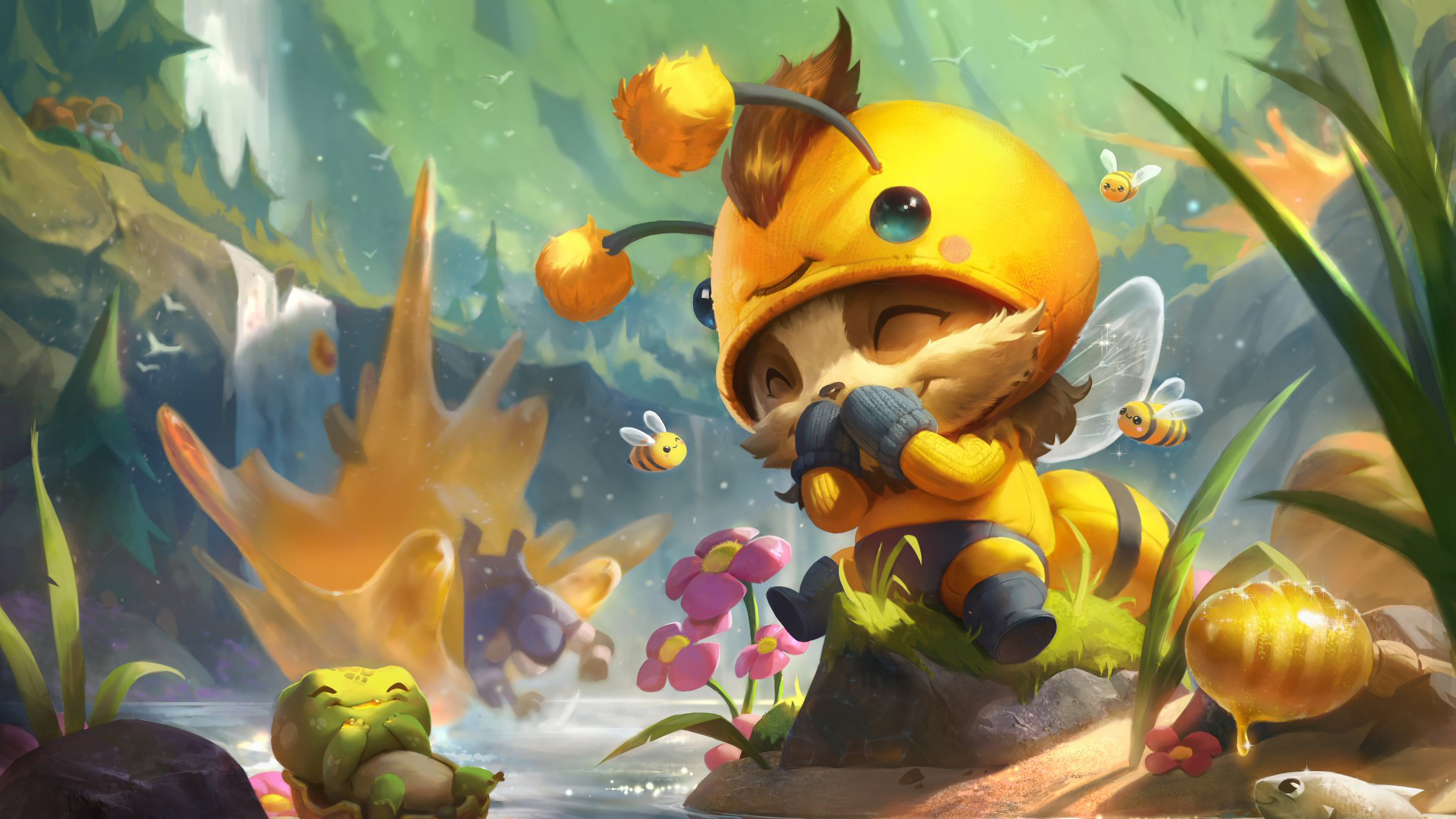 General 7680x4320 Bee (League of Legends) digital art Riot Games GZG video games Teemo (League of Legends) League of Legends 4K video game characters video game art water waterfall leaves bees insect smiling closed eyes gloves honey