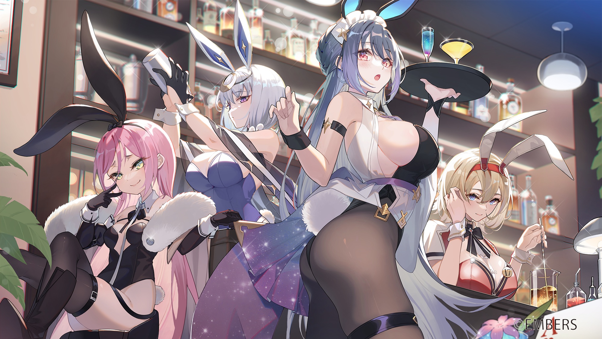 Anime 2000x1125 Ash Arms group of women anime girls huge breasts bunny suit animal ears bunny girl watermarked black gloves cleavage bunny ears stockings pantyhose sideboob bar women indoors bottles wristwear alcohol bunny tail smiling open mouth Selenoring legs crossed thigh strap elbow gloves ass gloves leotard
