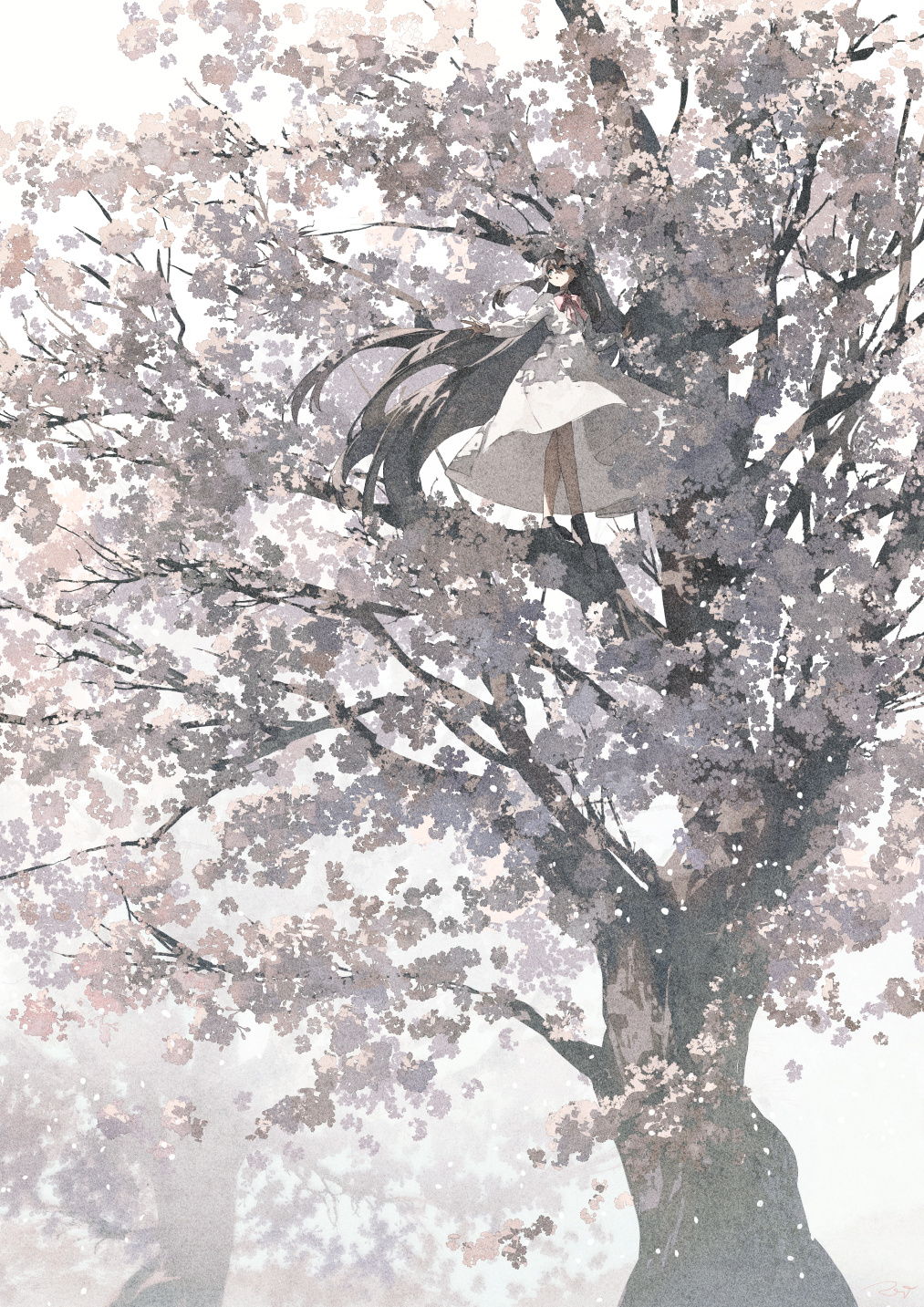 Anime 1013x1433 anime anime girls portrait display dress trees branch flowers looking away standing long hair bow tie flower in hair brunette blue eyes