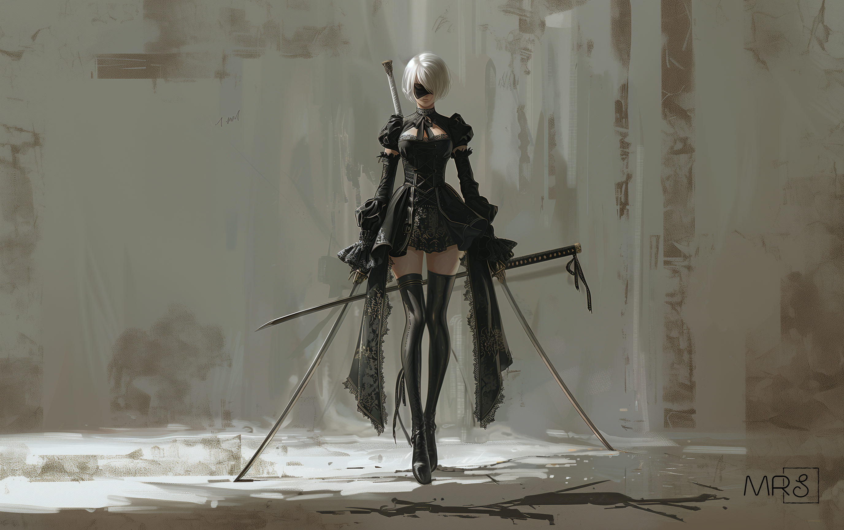 General 2752x1728 MRS Nier: Automata Nier holding sword white hair covered eye(s) boots black skirts skirt short hair 2B (Nier: Automata) AI art