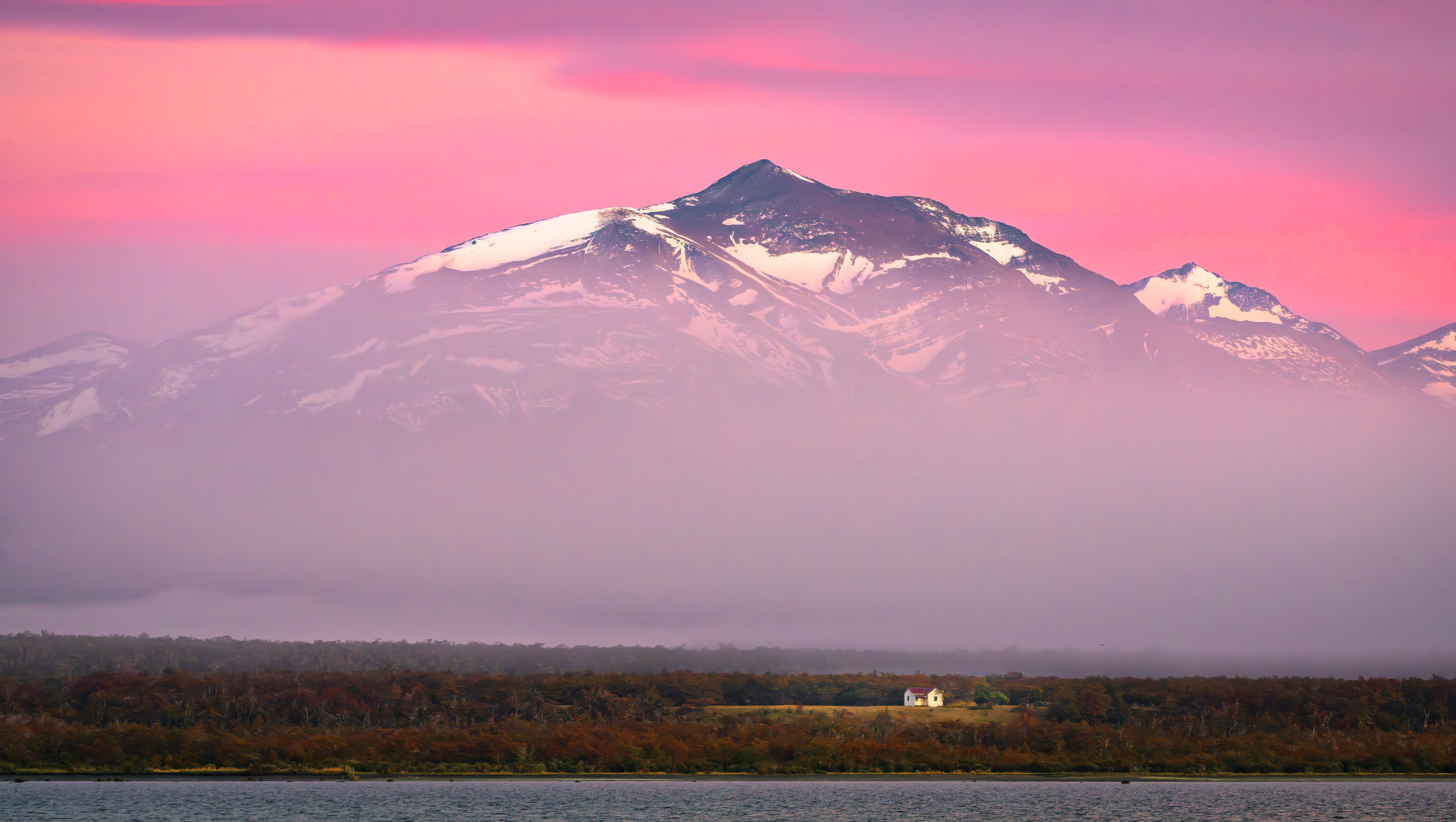 General 4000x2260 nature landscape trees sky mountains house river pink clouds mist far view snowy peak Patagonia Chile Daniel Burton long exposure