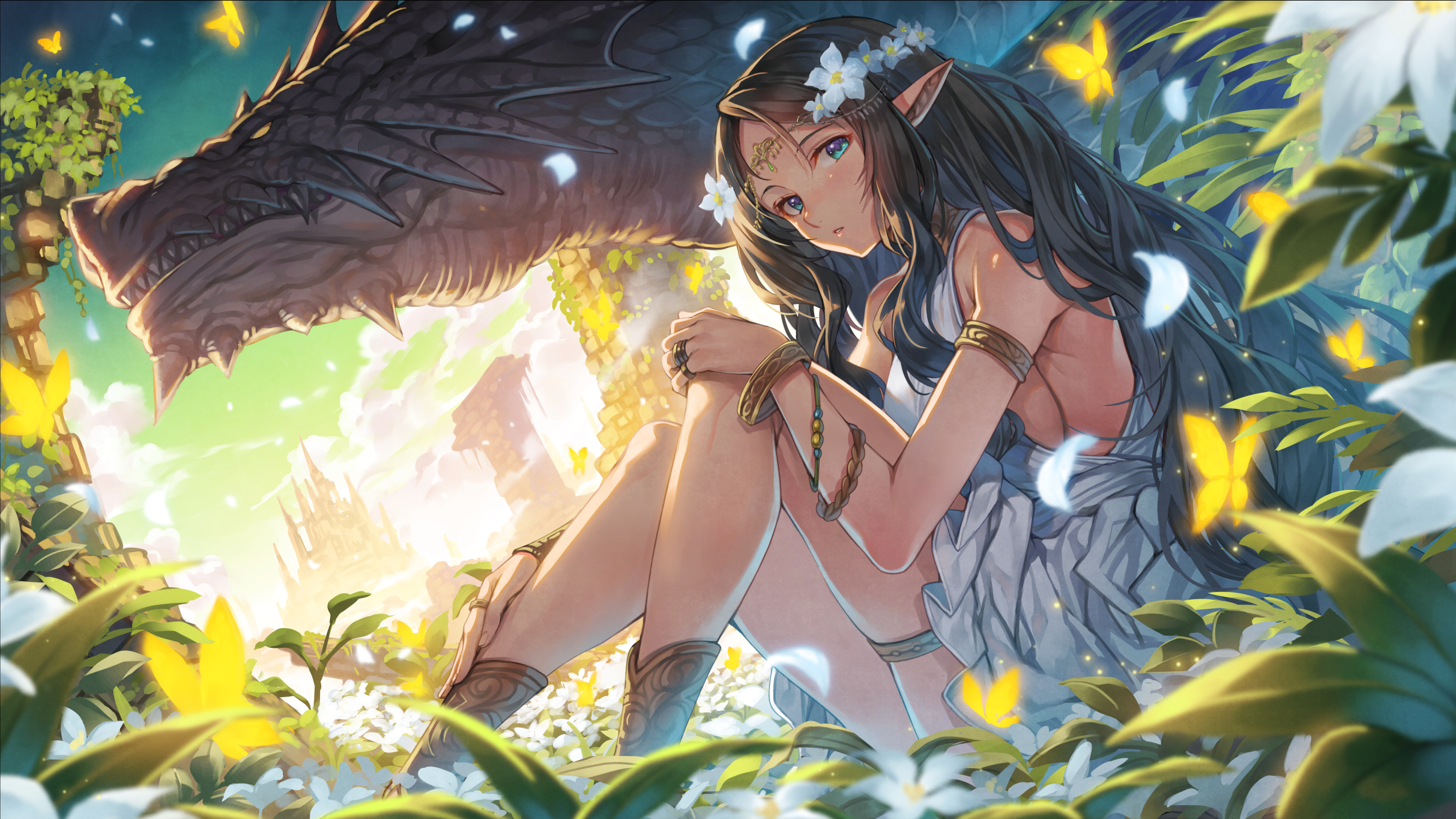 Anime 2425x1364 Hagure KeG pointy ears elves women outdoors flower crown sitting looking at viewer sky dragon fantasy girl butterfly sideboob thigh garter thighs dark hair long hair blue eyes flowers white flowers dress nature bare shoulders petals parted lips ruins white dress jewelry blushing