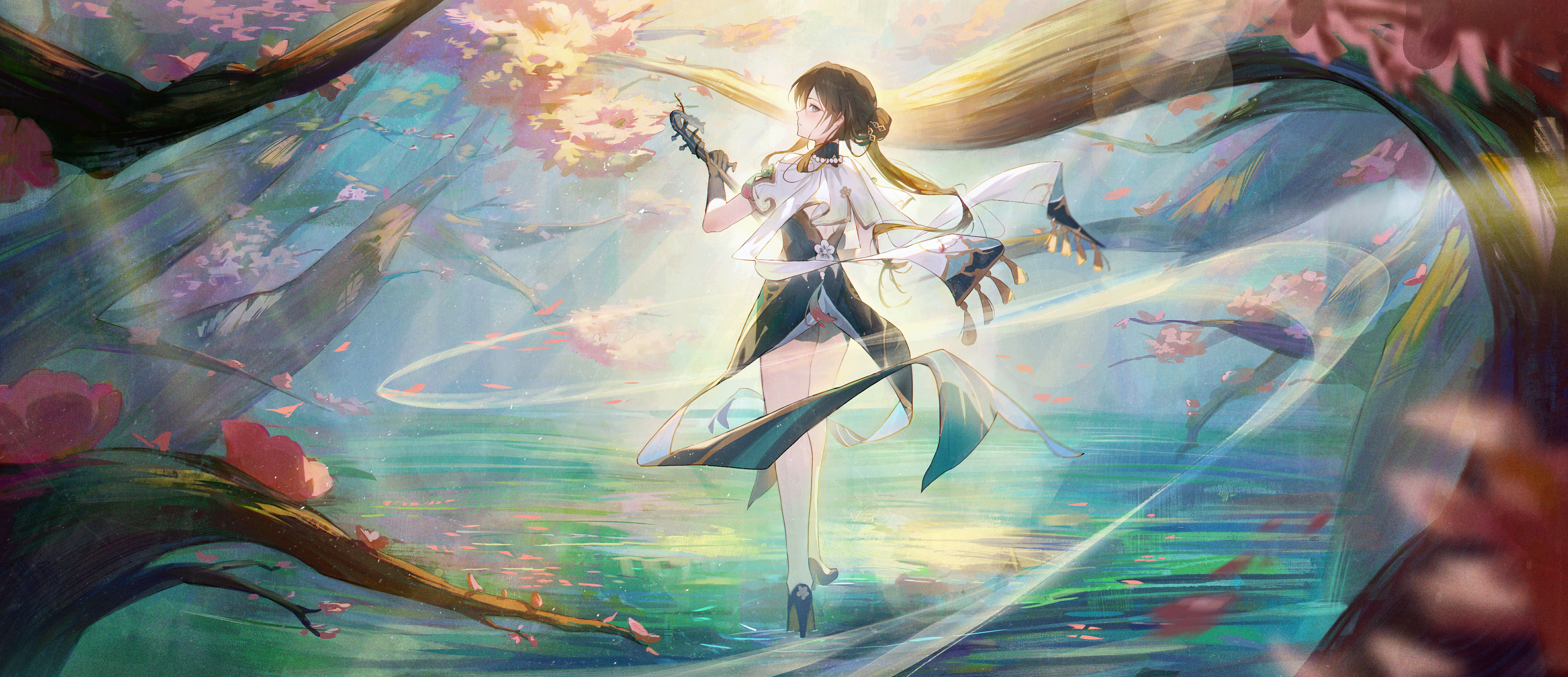 Anime 6135x2648 anime anime girls brunette red leaves high heels pearl necklace looking back trees yonesdraws standing Ruan Mei (Honkai: Star Rail) Honkai: Star Rail water looking over shoulder legs looking at viewer branch closed mouth wide screen women outdoors flowers musical instrument tassels