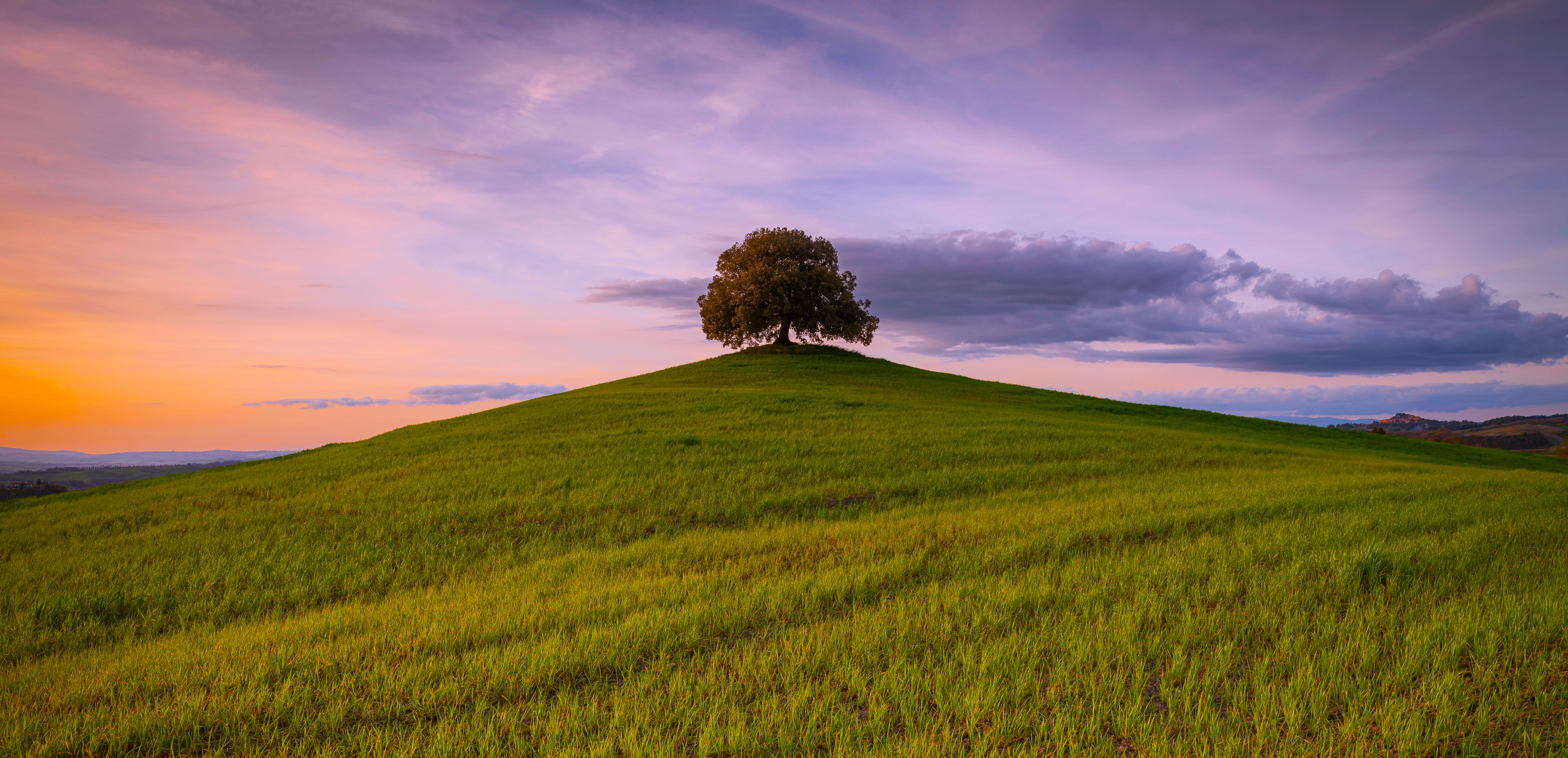 General 6200x3000 nature landscape trees grass field clouds sky sunrise Tuscany Italy