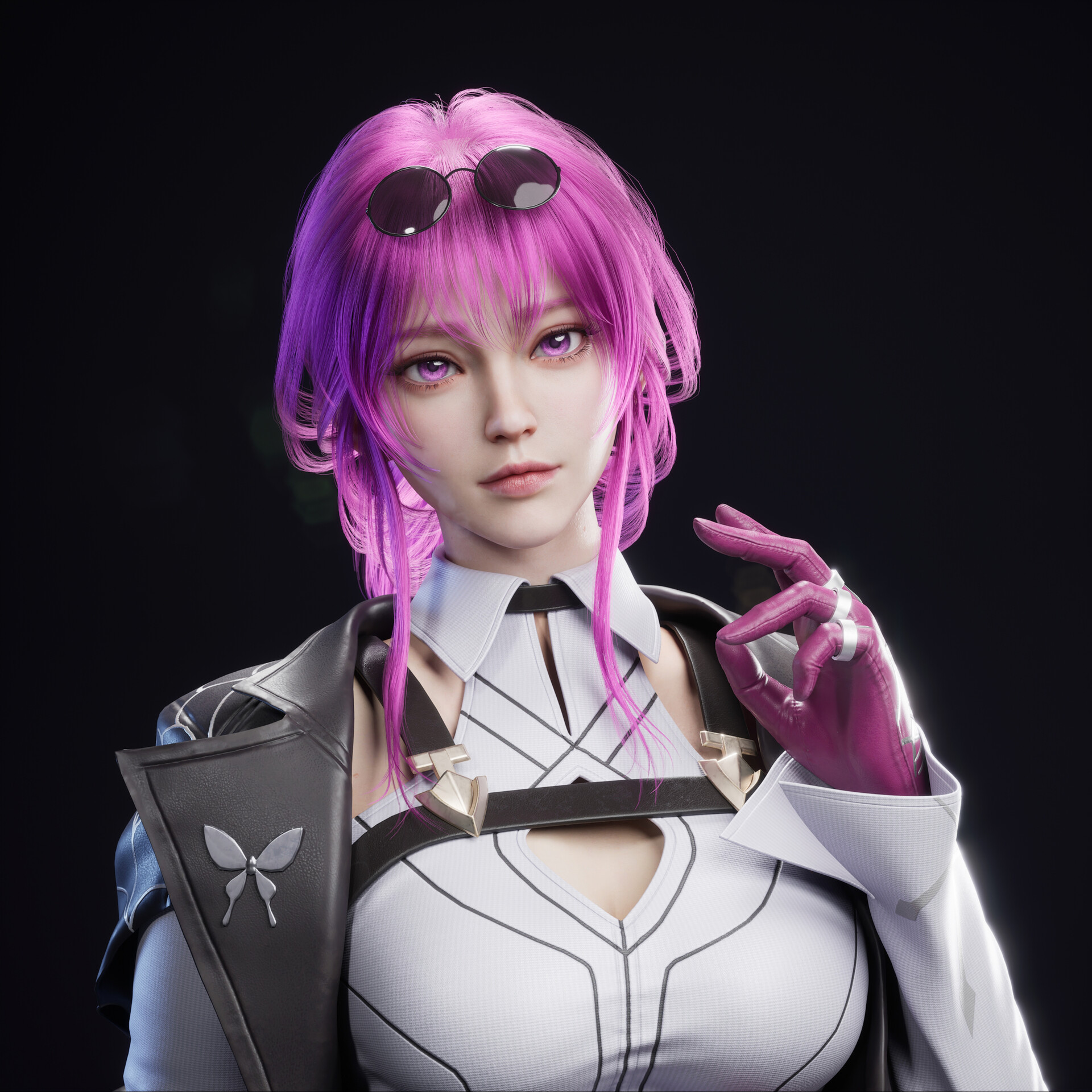 General 1920x1920 Liu Xing women pink hair sunglasses jacket simple background Honkai: Star Rail Kafka (Honkai: Star Rail)