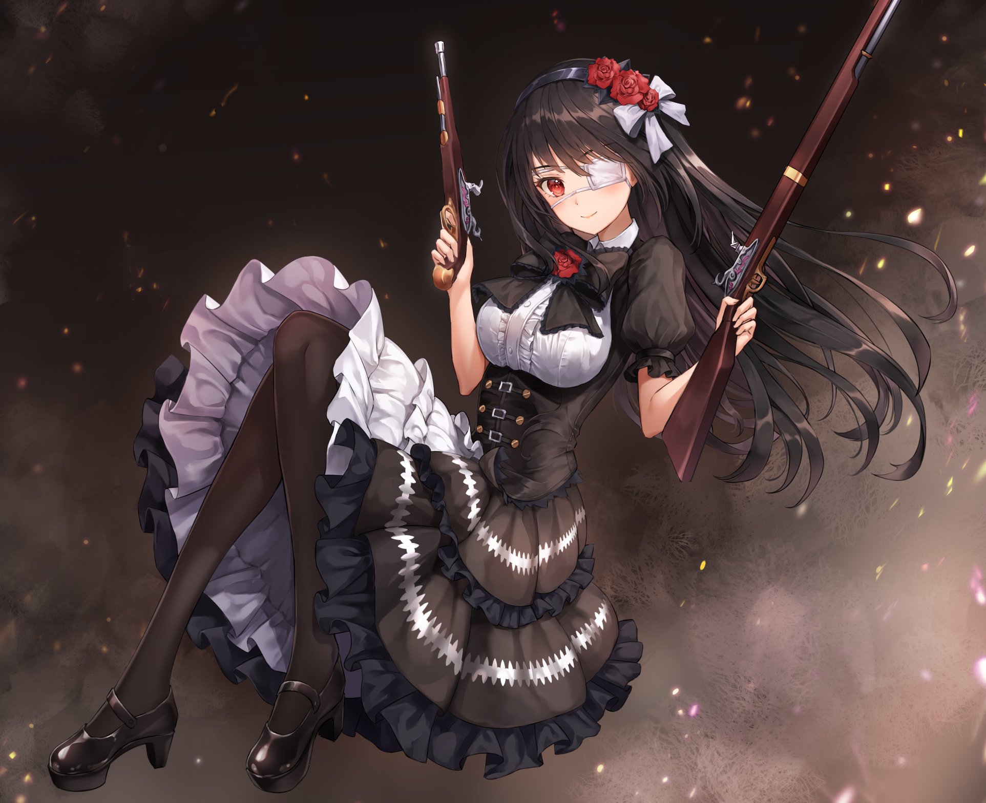 Anime 1925x1568 Tokisaki Kurumi anime girls eyepatches gun girls with guns maid maid outfit flower in hair