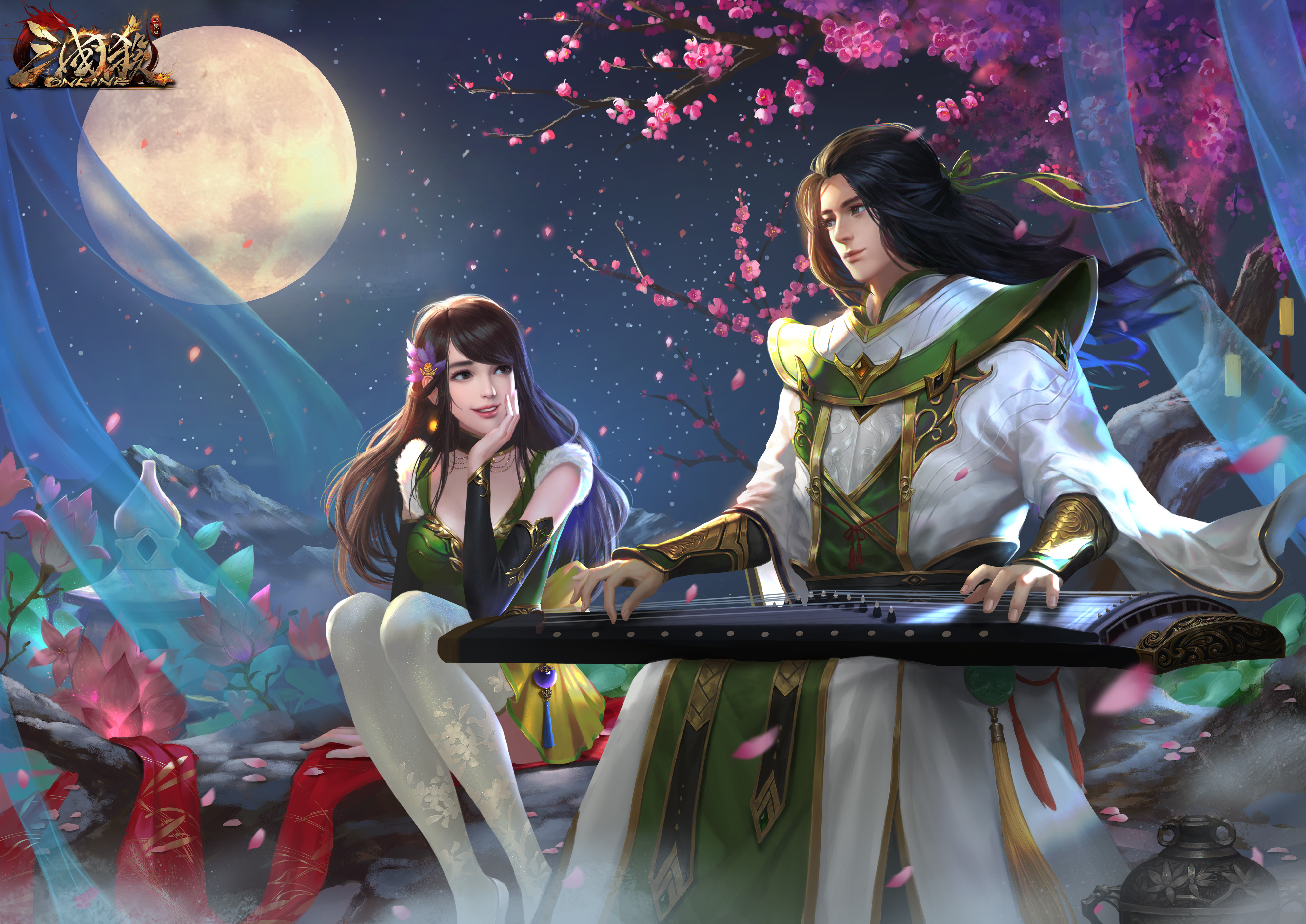 General 3984x2820 Three Kingdoms video game characters video games video game art petals flowers video game girls video game men musical instrument Moon