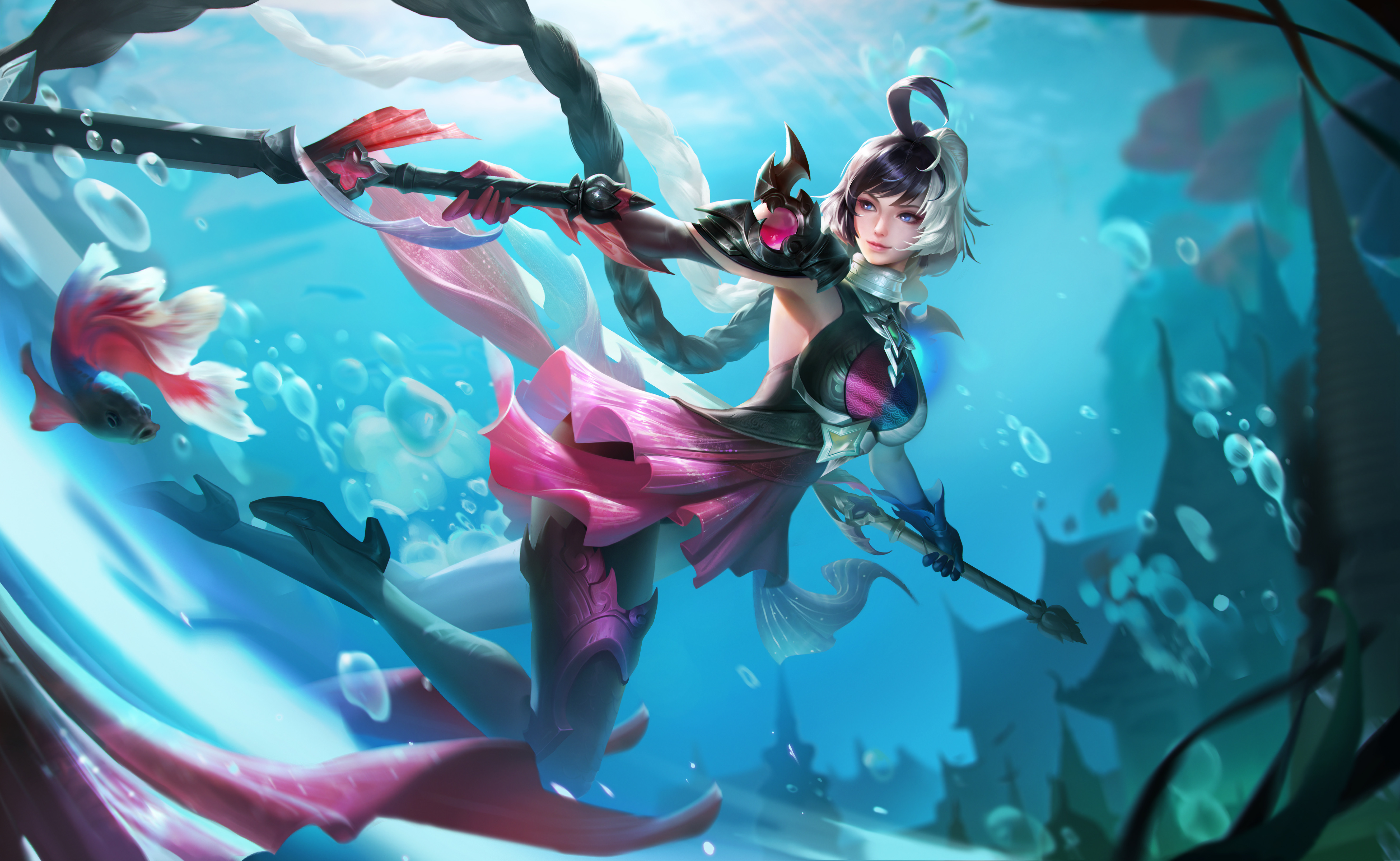 Anime 5300x3258 Arena of Valor video games video game art video game characters video game girls water underwater fish animals two tone hair weapon