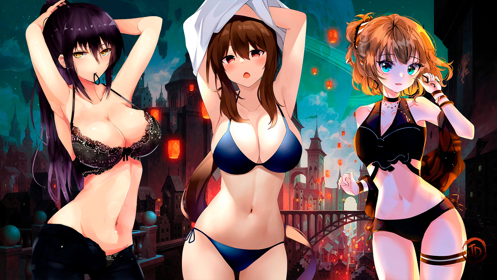 Anime 1920x1080 women anime girls underwear bikini big boobs undressing