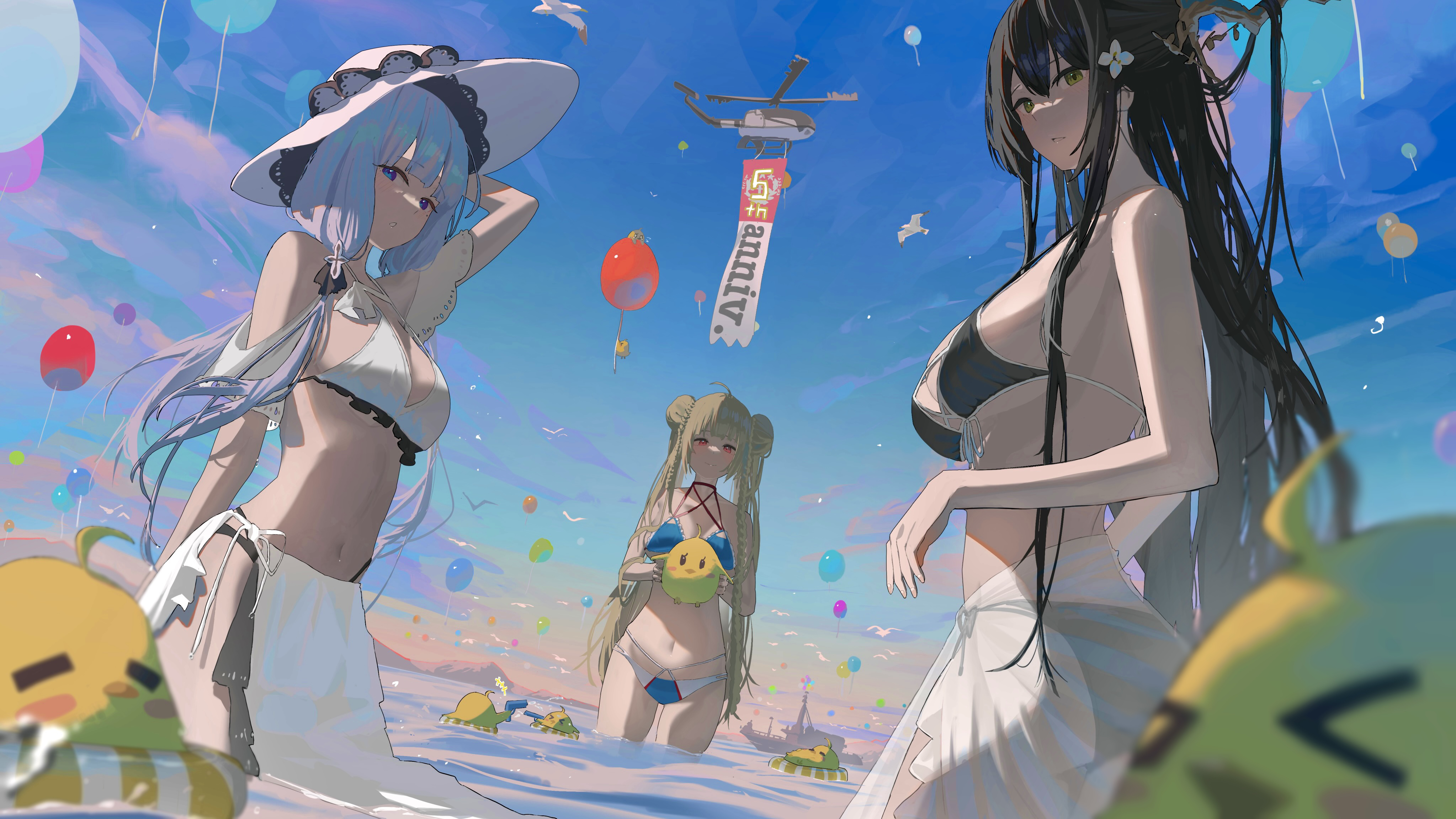 Anime 4094x2303 Azur Lane Formidable (Azur Lane) Illustrious (Azur Lane) Indomitable (Azur Lane) anime girls low-angle women trio bubbles group of women sky looking at viewer bikini swimwear sun hats standing in water birds sideboob belly button helicopters floater long hair water balloon hat