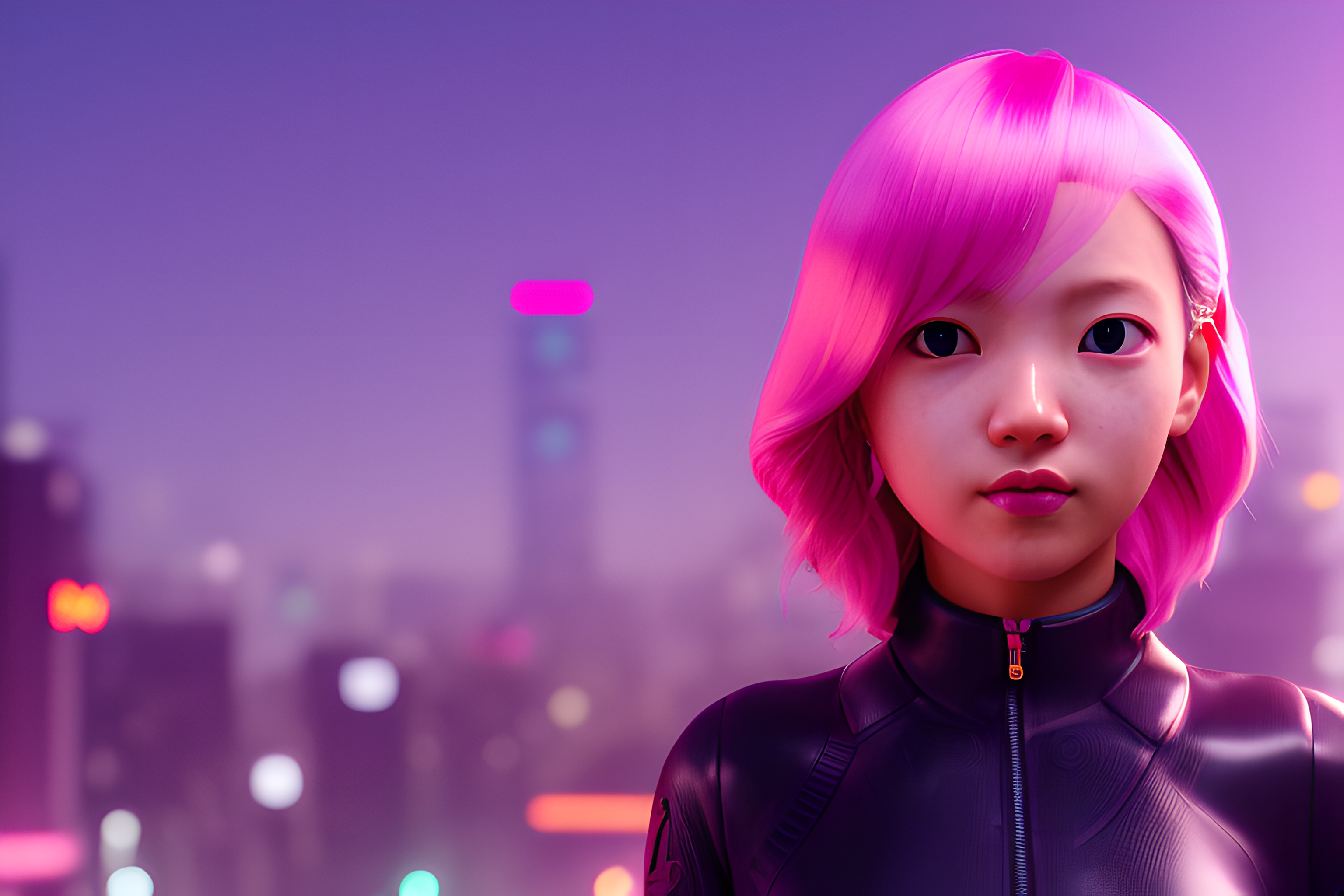 General 3072x2048 pink hair AI art digital art Stable Diffusion Asian women blurred blurry background looking at viewer