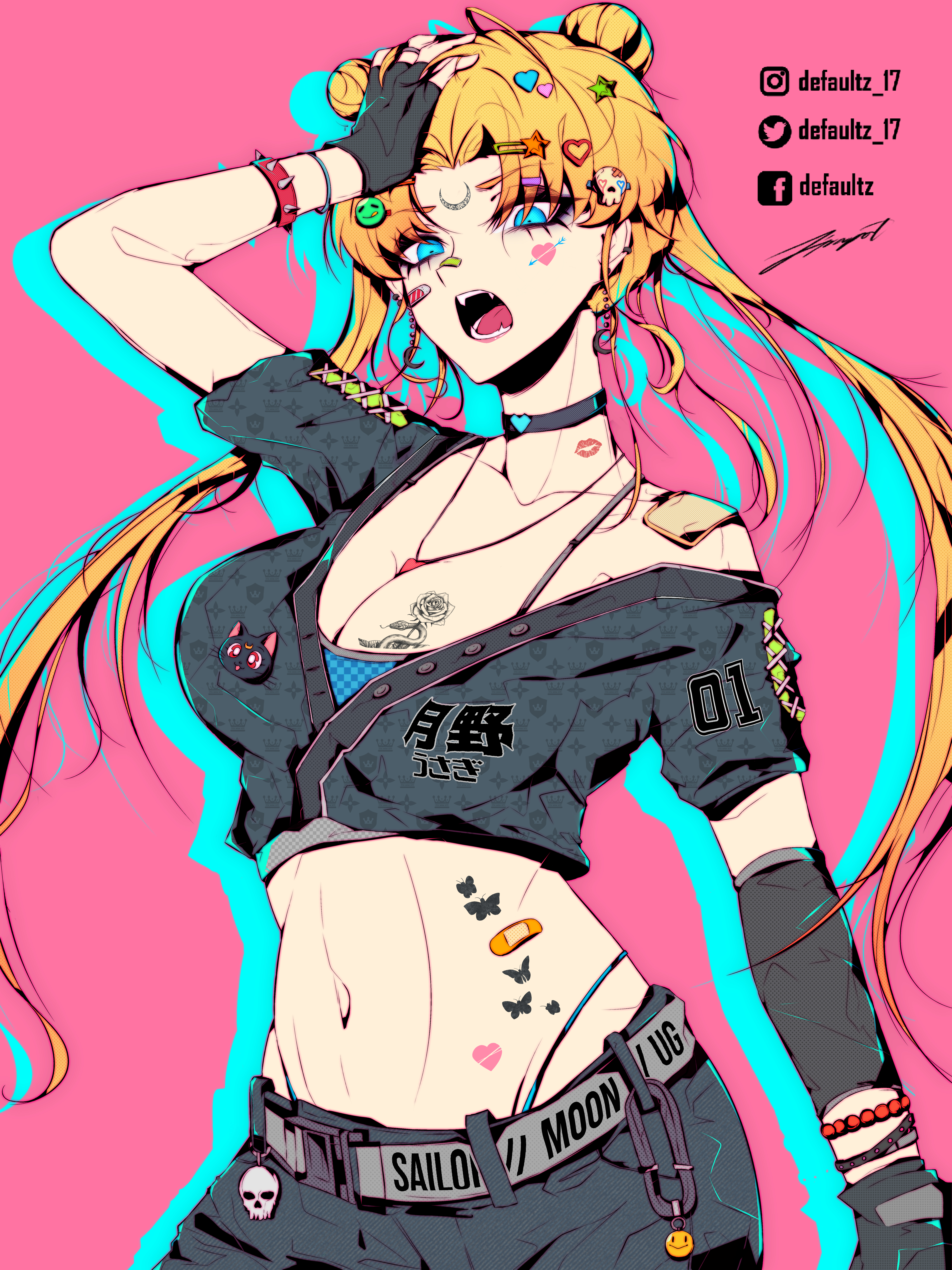Anime 6000x8000 Defaultz_17 anime anime girls long hair blonde boobs colorful Japanese characters Japanese portrait display twintails choker necklace belly band-aid gloves fingerless gloves