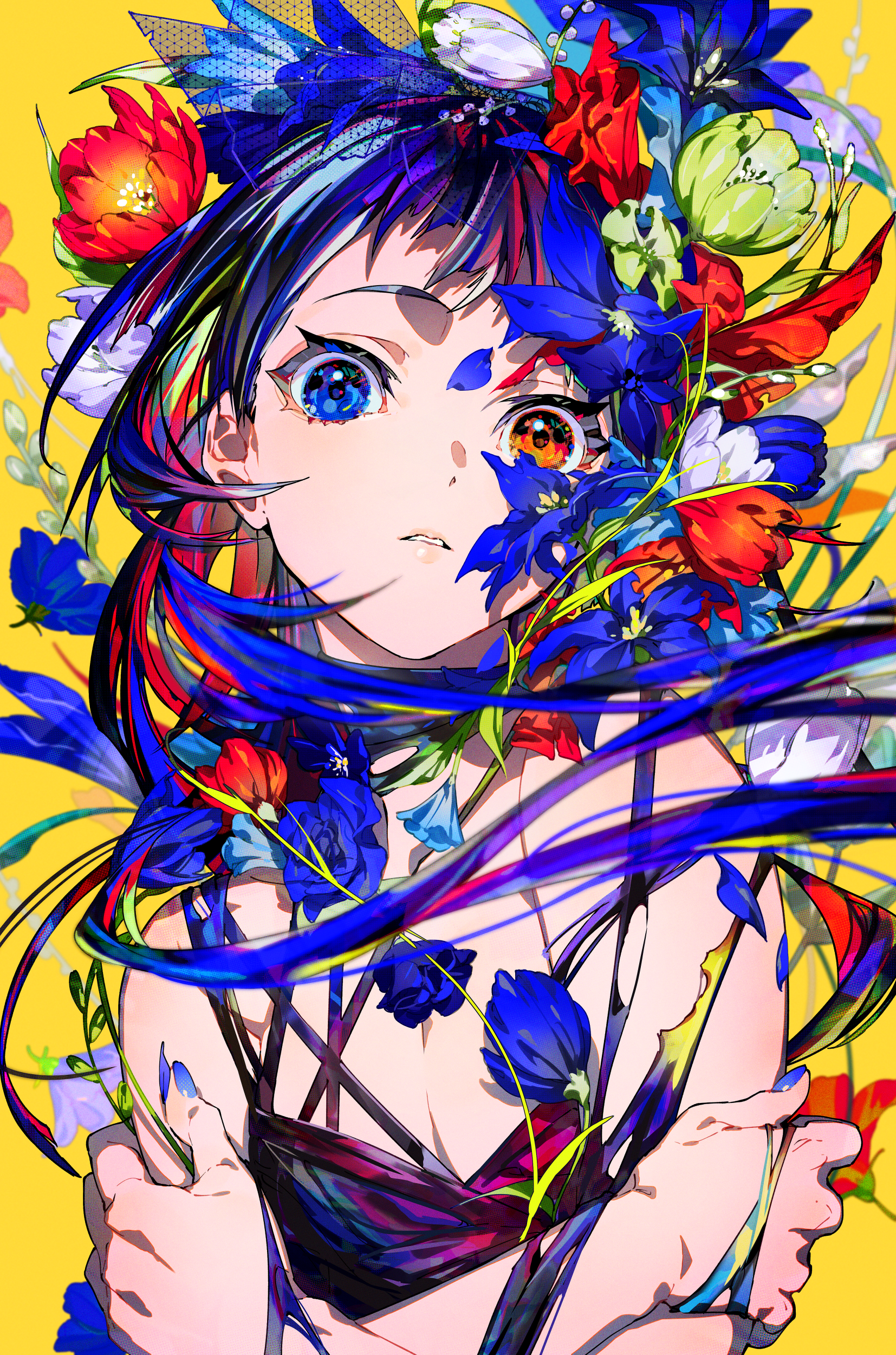 Anime 1654x2500 anime girls colorful flowers mika pikazo heterochromia flower in hair