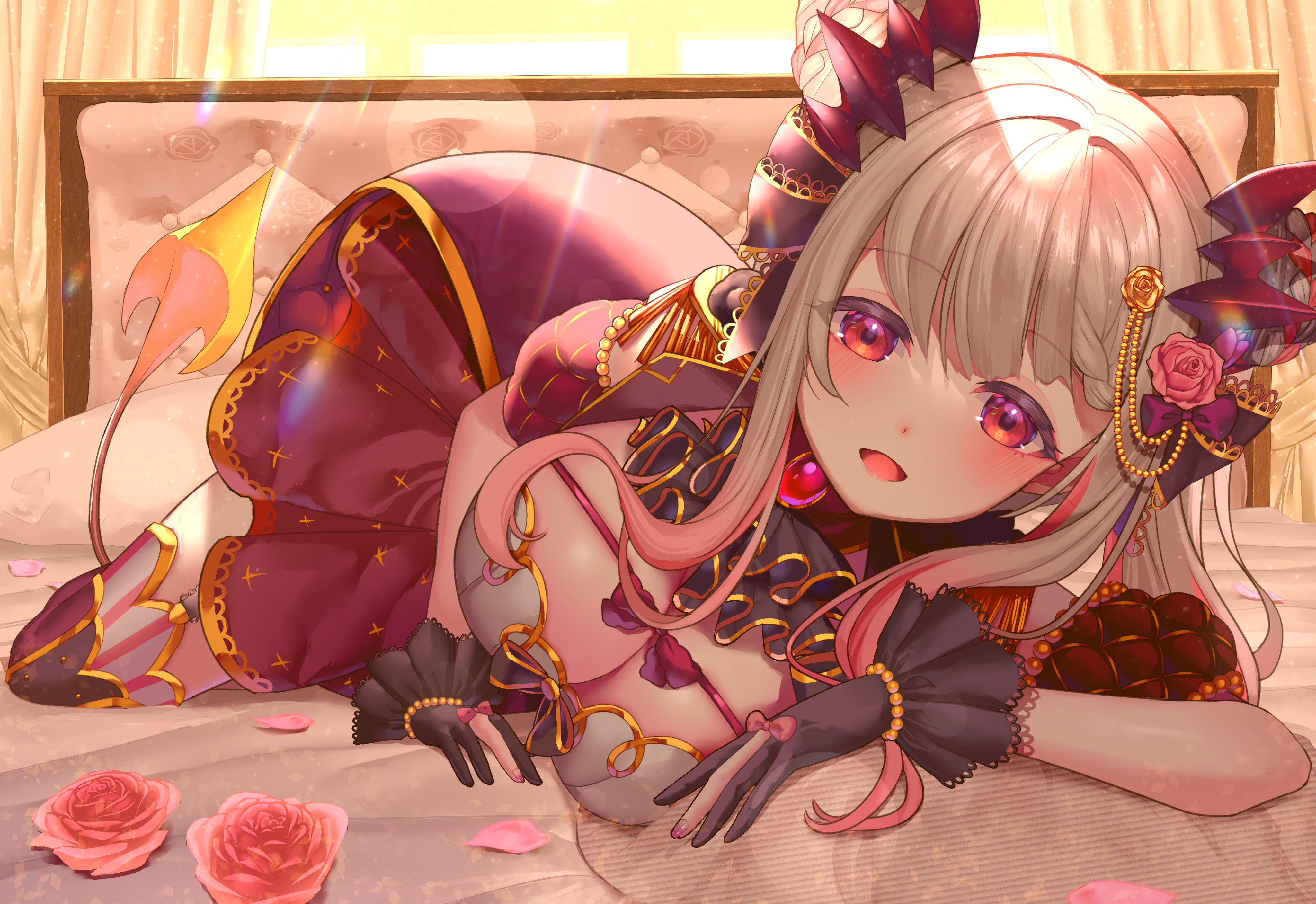 Anime 4096x2814 anime anime girls Suou Patra (Honey Strap) Honey Strap cleavage rose petals lying on front gloves big boobs