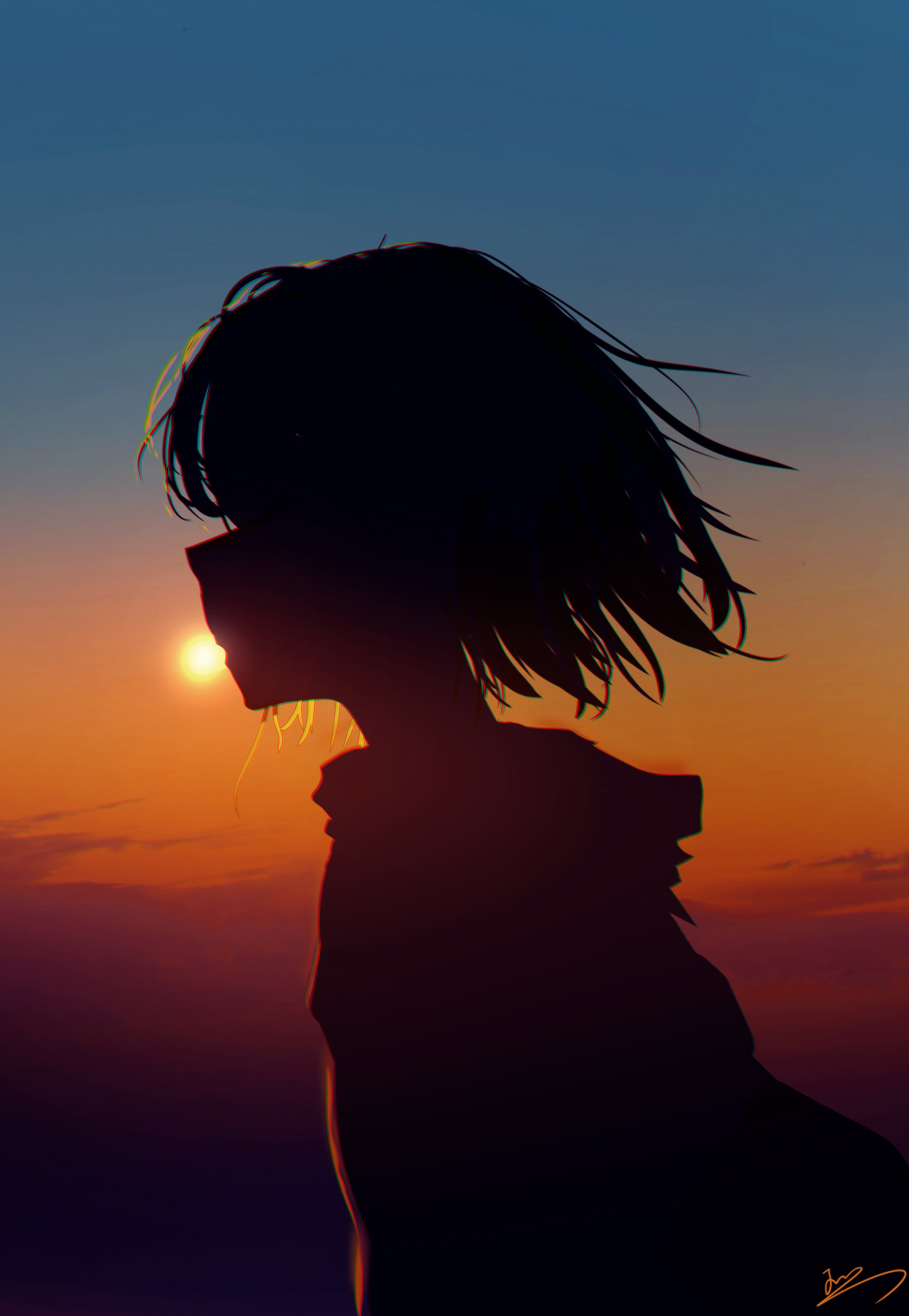 Anime 1415x2048 anime anime girls HuashiJW profile side view silhouette sunset sunset glow portrait display