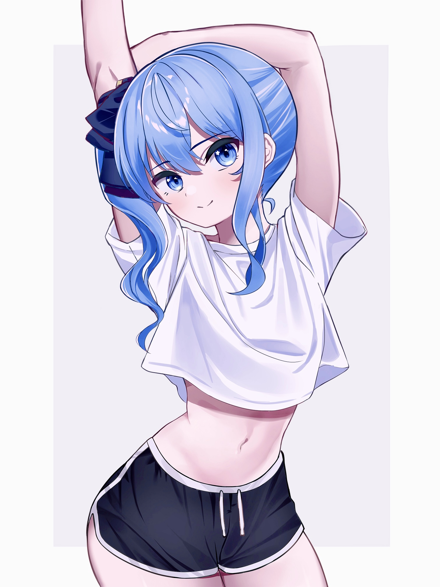 Anime 1500x2000 anime anime girls digital art artwork 2D ecchi Pixiv looking at viewer portrait portrait display blue eyes blue hair belly belly button bare midriff shorts short shorts arms up dolphin shorts stretching smiling petite