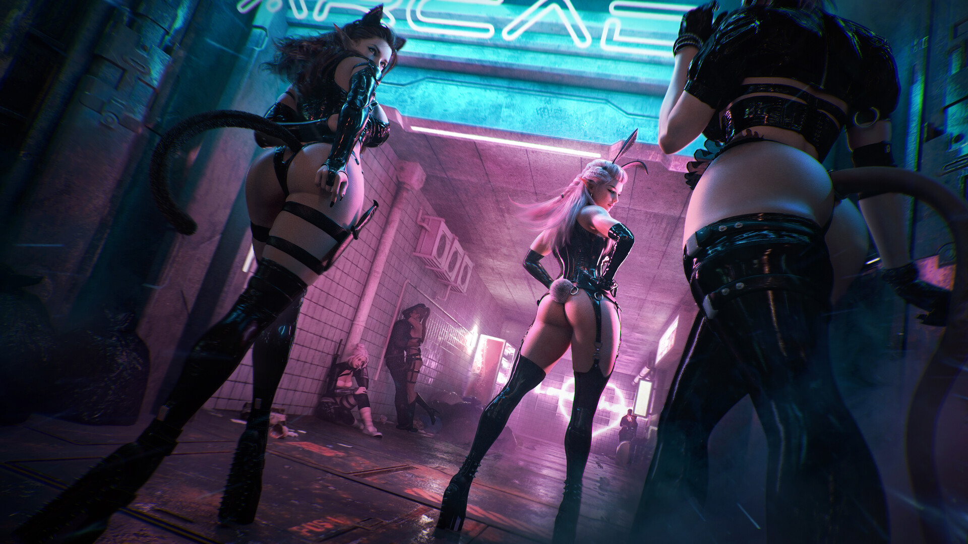 General 1920x1080 digital art artwork illustration street CGI cat girl cat tail latex bunny ears bunny tail ass women low-angle women trio neon high heeled boots gloves group of women Tian Zi fantasy girl latex bodysuit back thighs ArtStation thigh-highs skimpy clothes