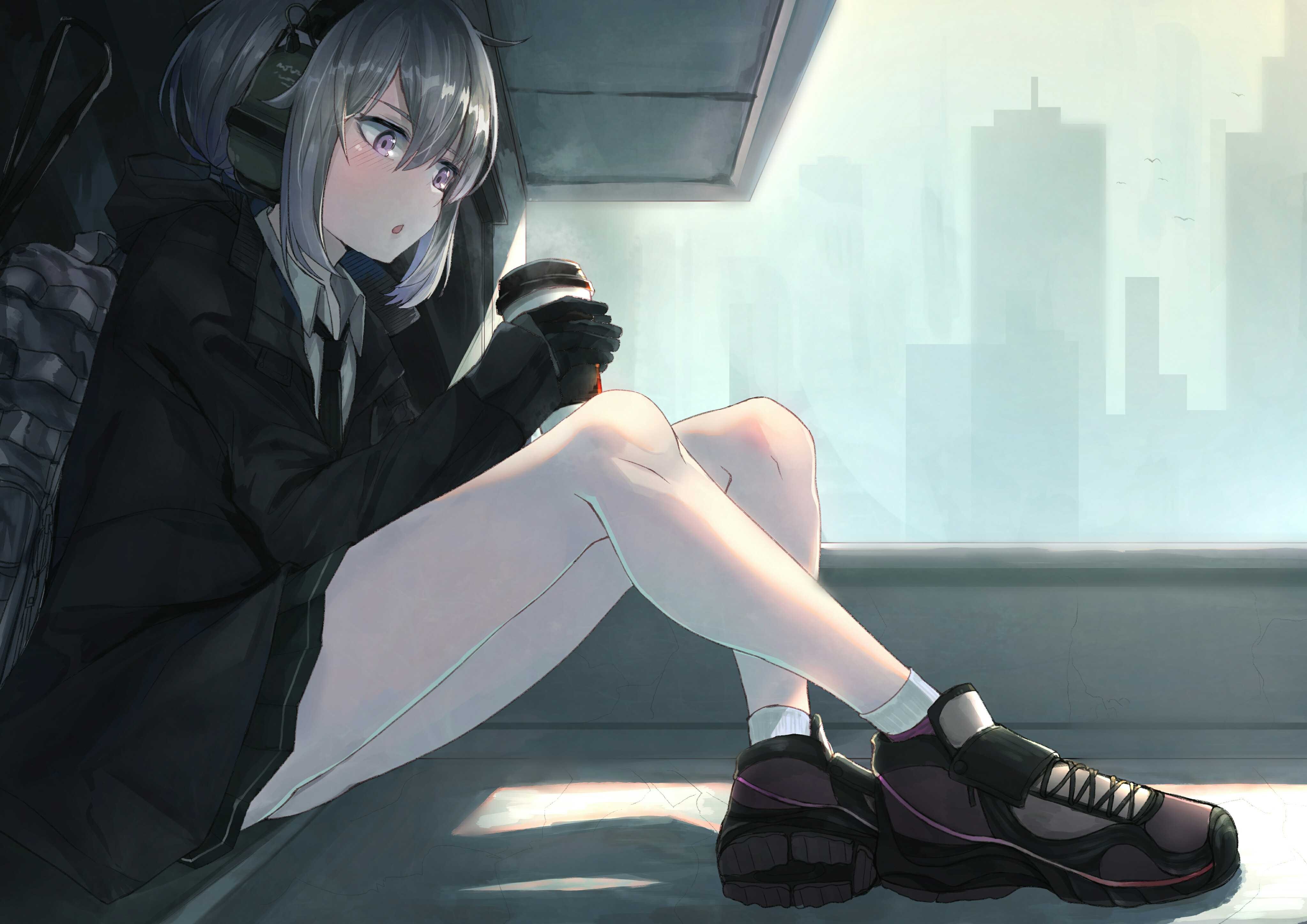 Anime 4093x2894 white stockings anime girls drink shoes headphones uniform Pixiv