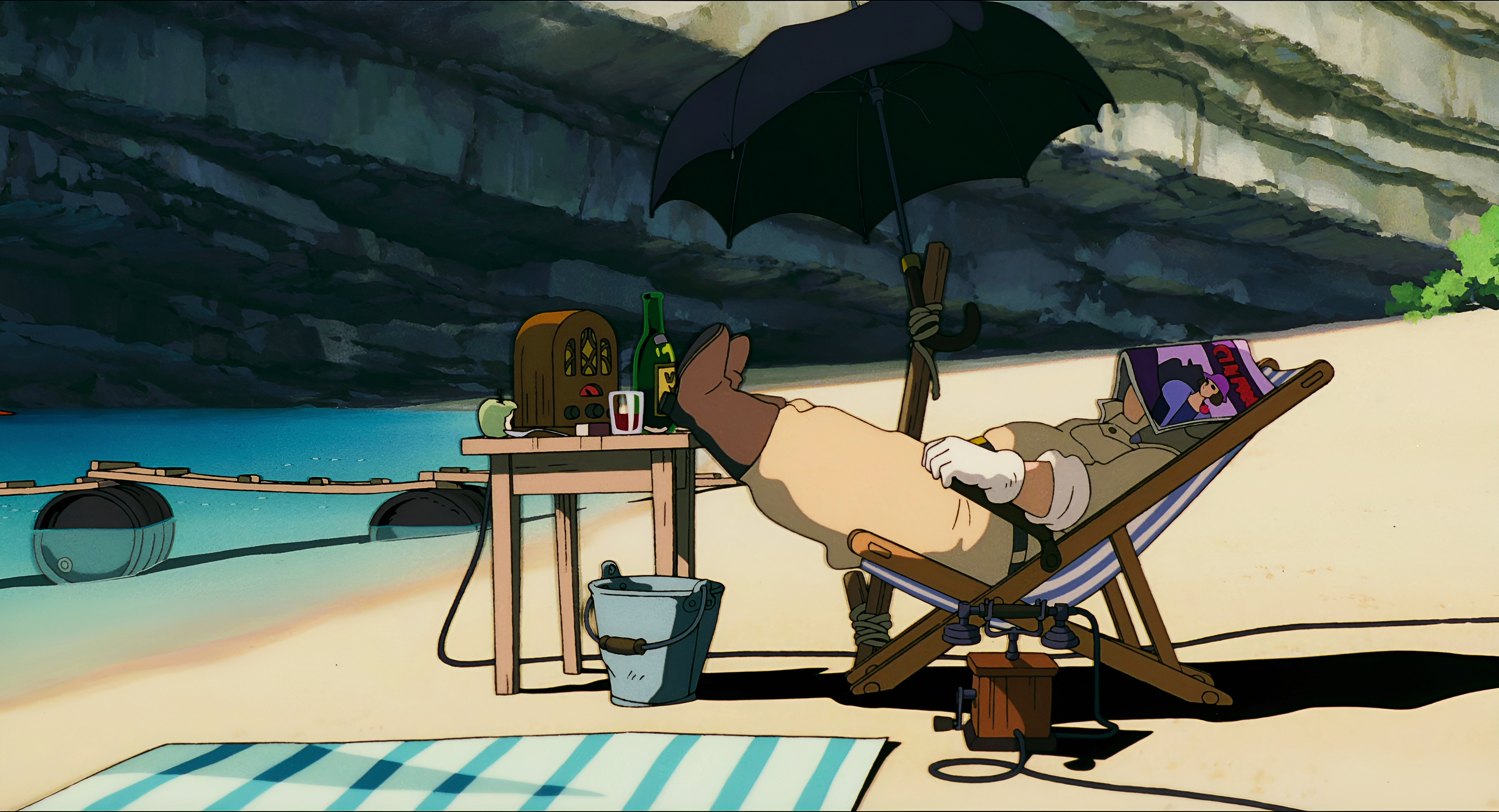 Anime 3840x2080 Porco Rosso Studio Ghibli anime beach anime screenshot gloves water umbrella