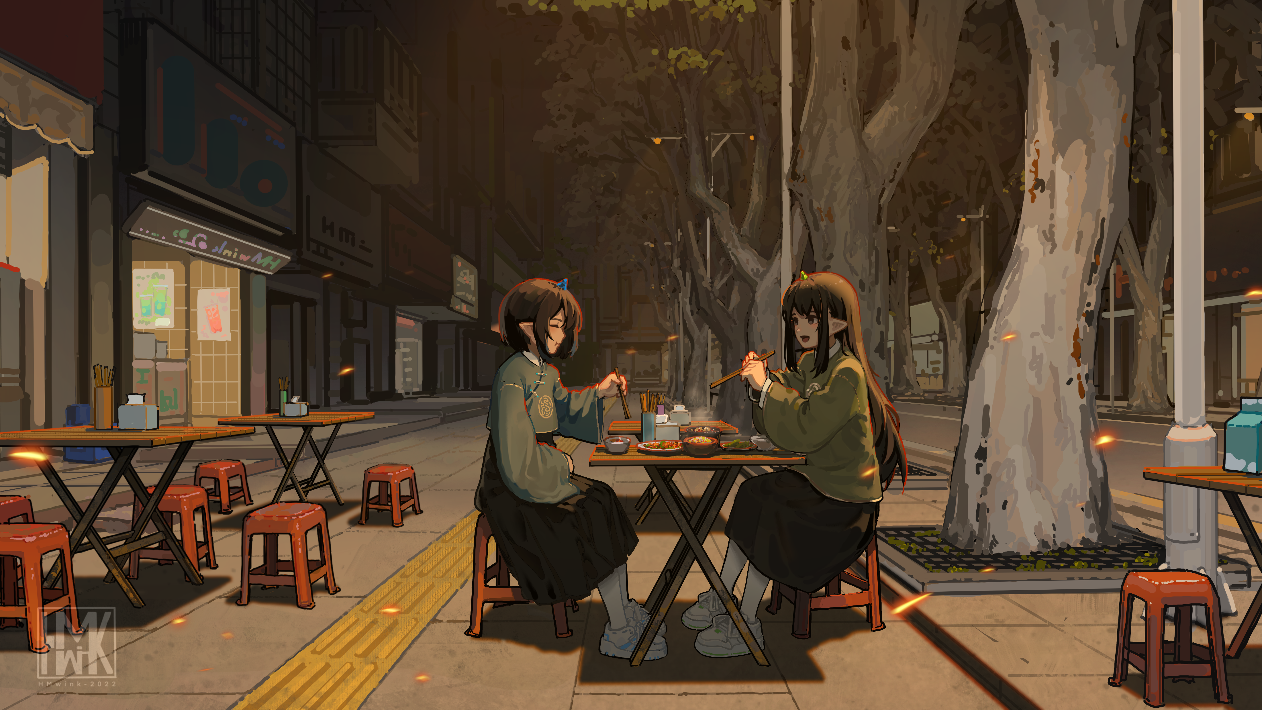 Anime 4404x2478 anime anime girls Hua Ming wink street food eating anime girls eating