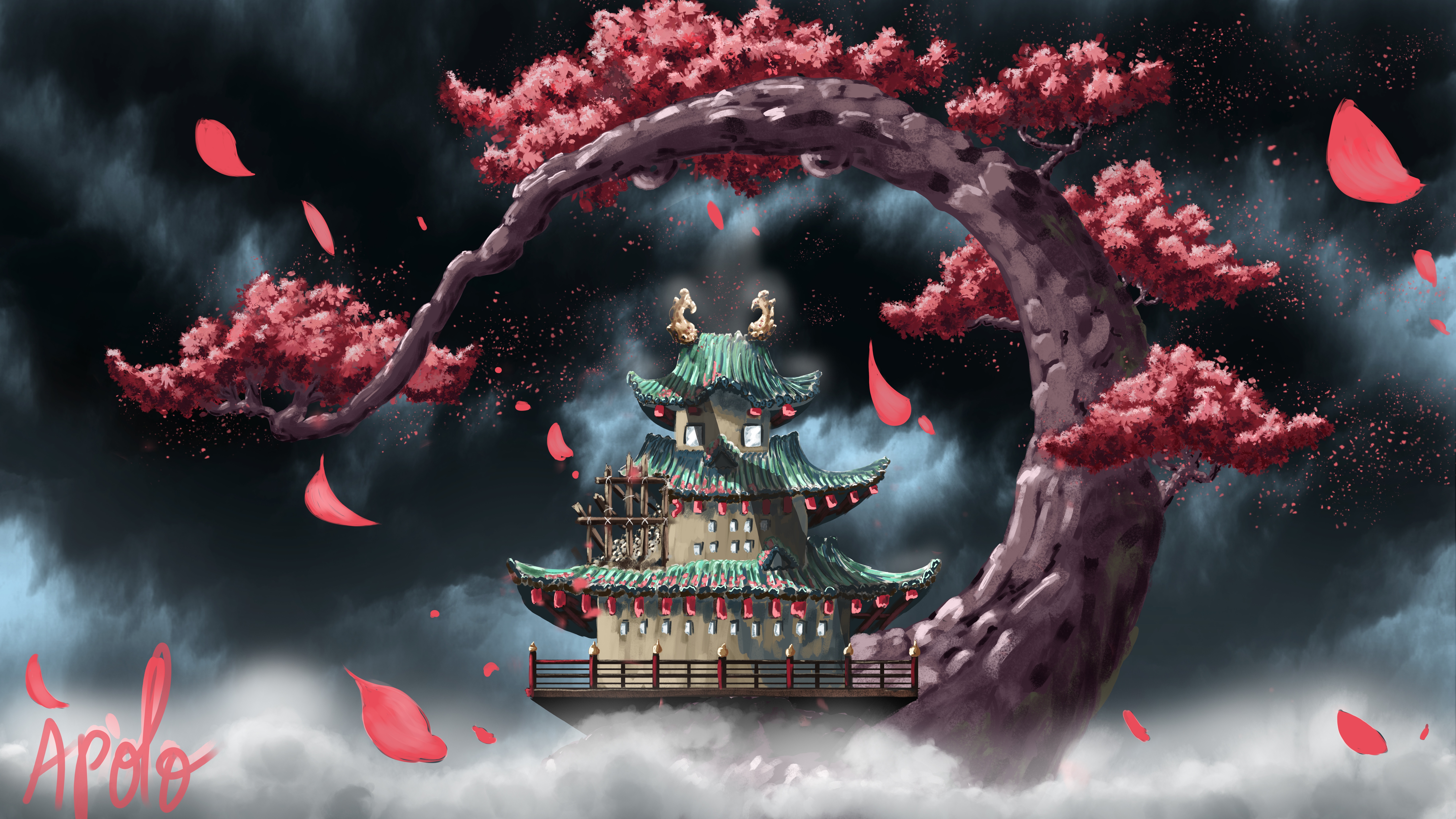 General 8000x4501 digital art artwork drawing temple trees wind petals One Piece