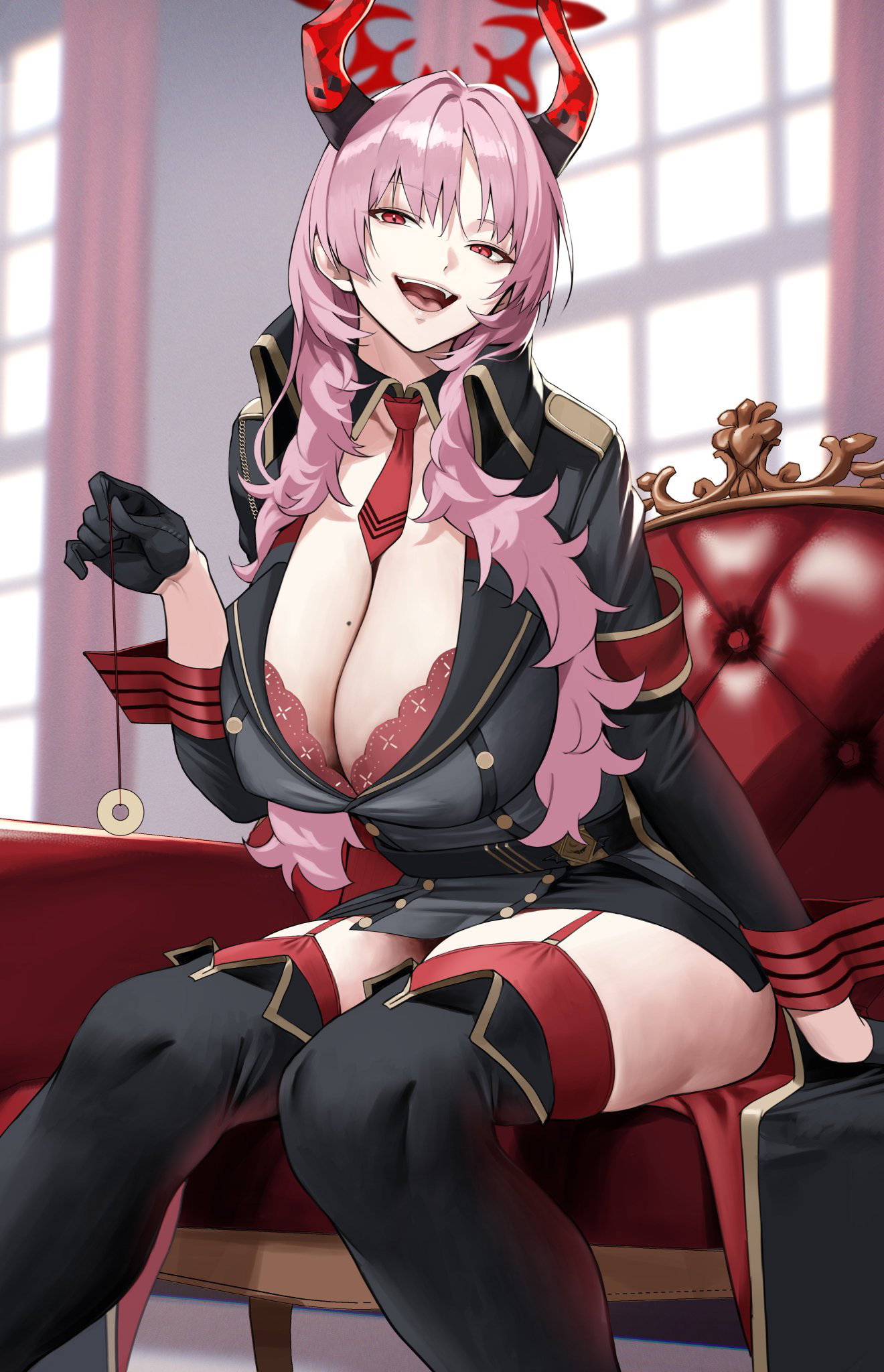 Anime 1320x2048 anime anime girls portrait display gloves cleavage bra garter straps horns big boobs moles mole on breast tie item between boobs pink hair red eyes Blue Archive Satsuki (Blue Archive)