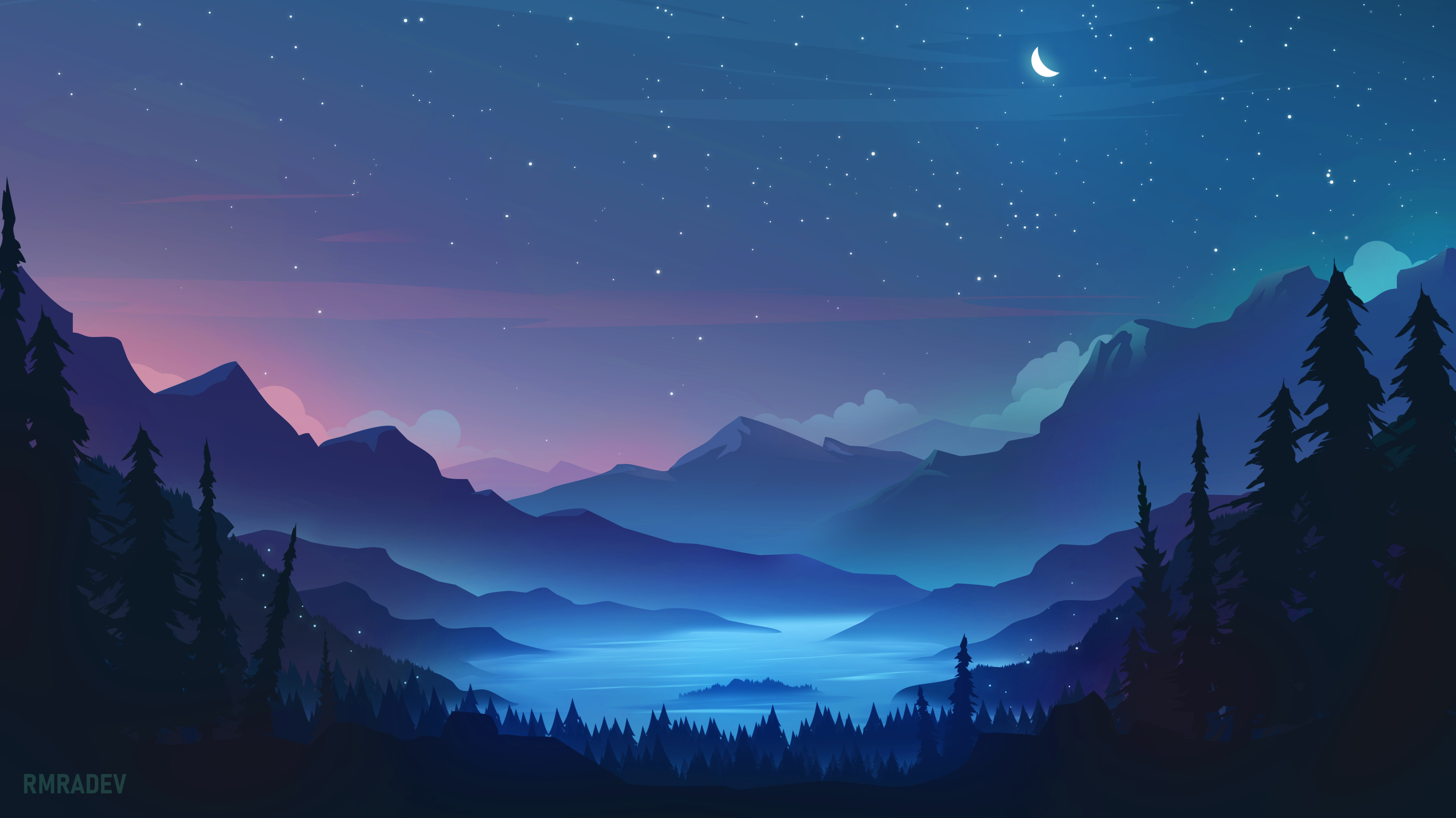 General 3840x2160 rmRadev artwork illustration landscape nature mountains night nightscape lake stars starry night crescent moon digital art