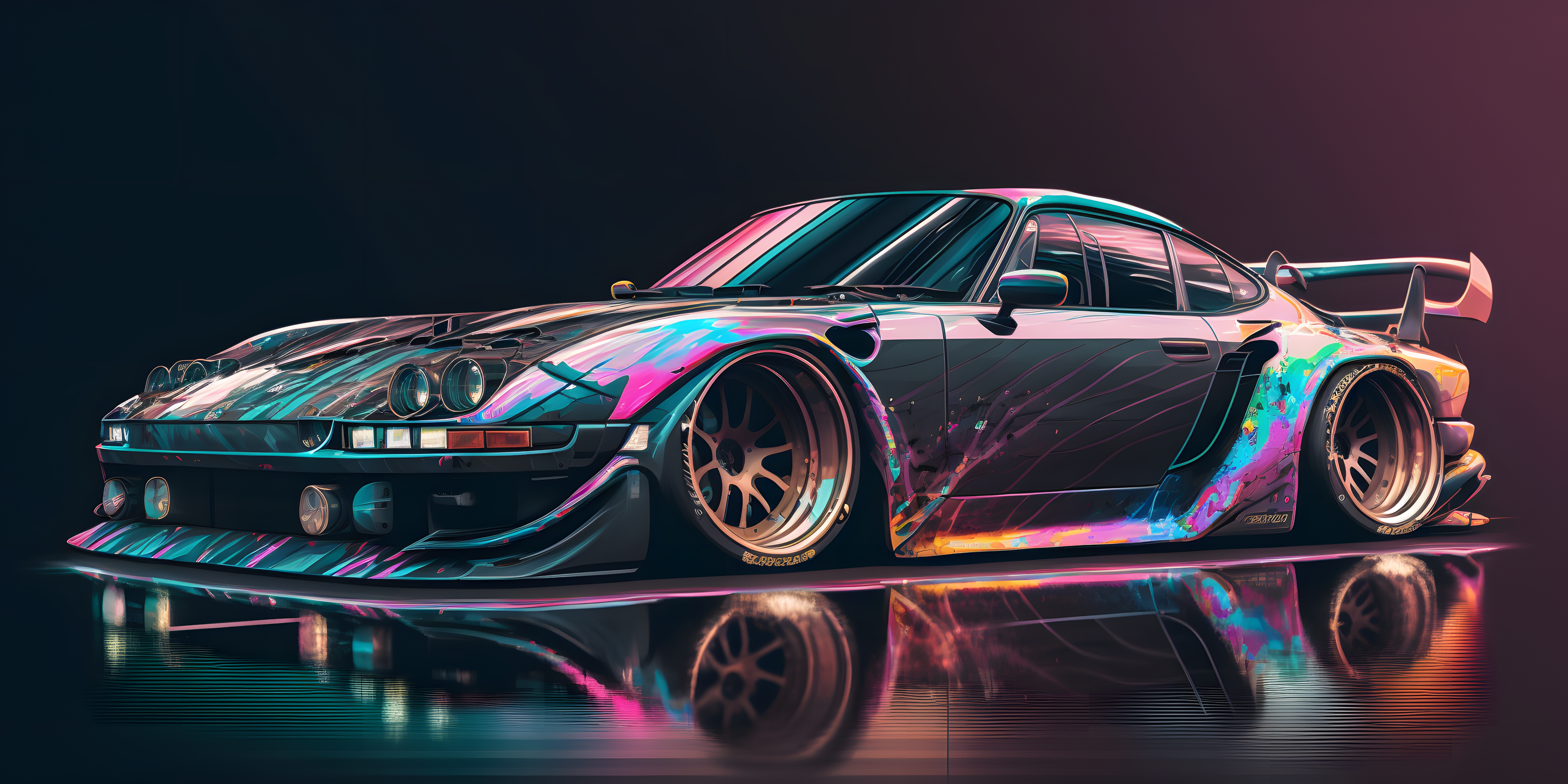 General 3840x1920 AI art Japanese cars supercars iridescent colorful reflection car simple background