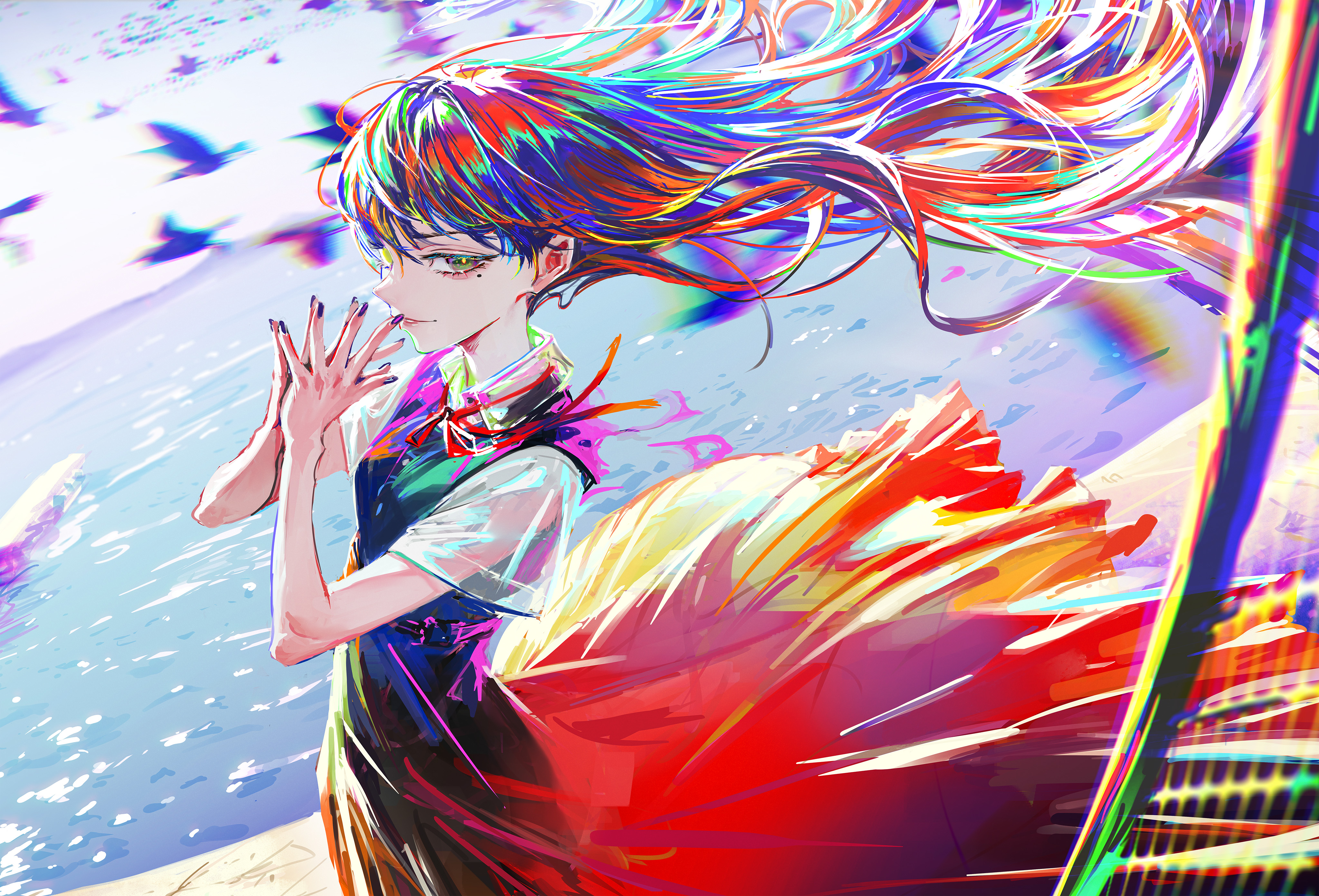 Anime 4096x2782 anime girls colorful Rainbow hair mole under eye long hair multi-colored hair moles water looking at viewer