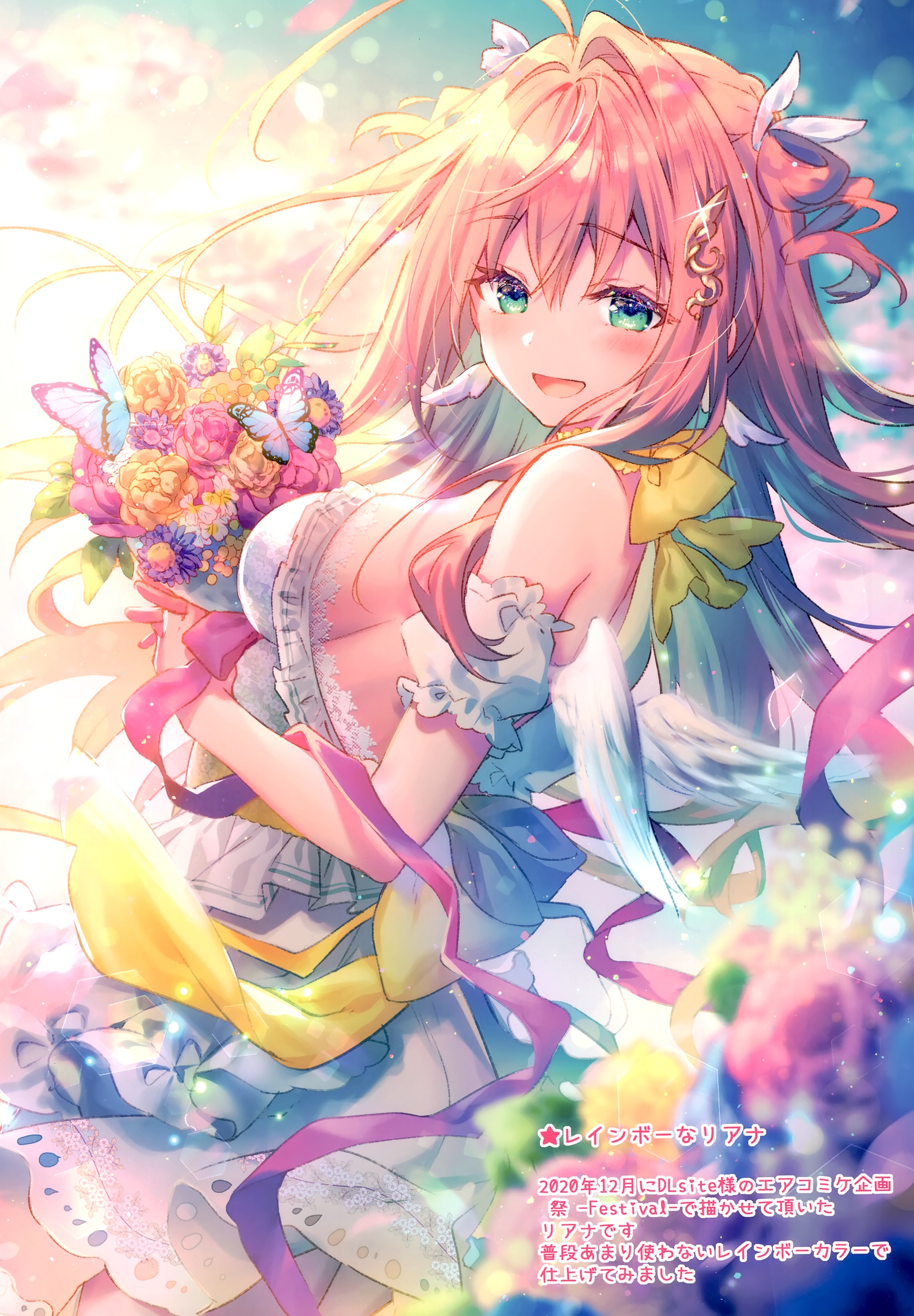 Anime 2406x3464 anime girls Riichu Rianastia Flugel wings angel wings dress sideboob pink hair blue eyes blushing white dress ribbon Japanese hair ornament flowers bouquets butterfly looking at viewer smiling colorful portrait display big boobs text