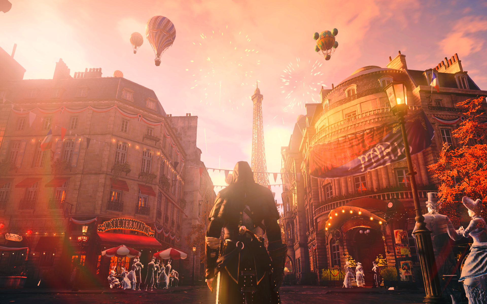 General 1920x1200 Assassin's Creed Unity Assassin's Creed Ubisoft video games building video game art screen shot sunset sunset glow hot air balloons clouds sunlight fireworks rainbows sky sign video game characters CGI