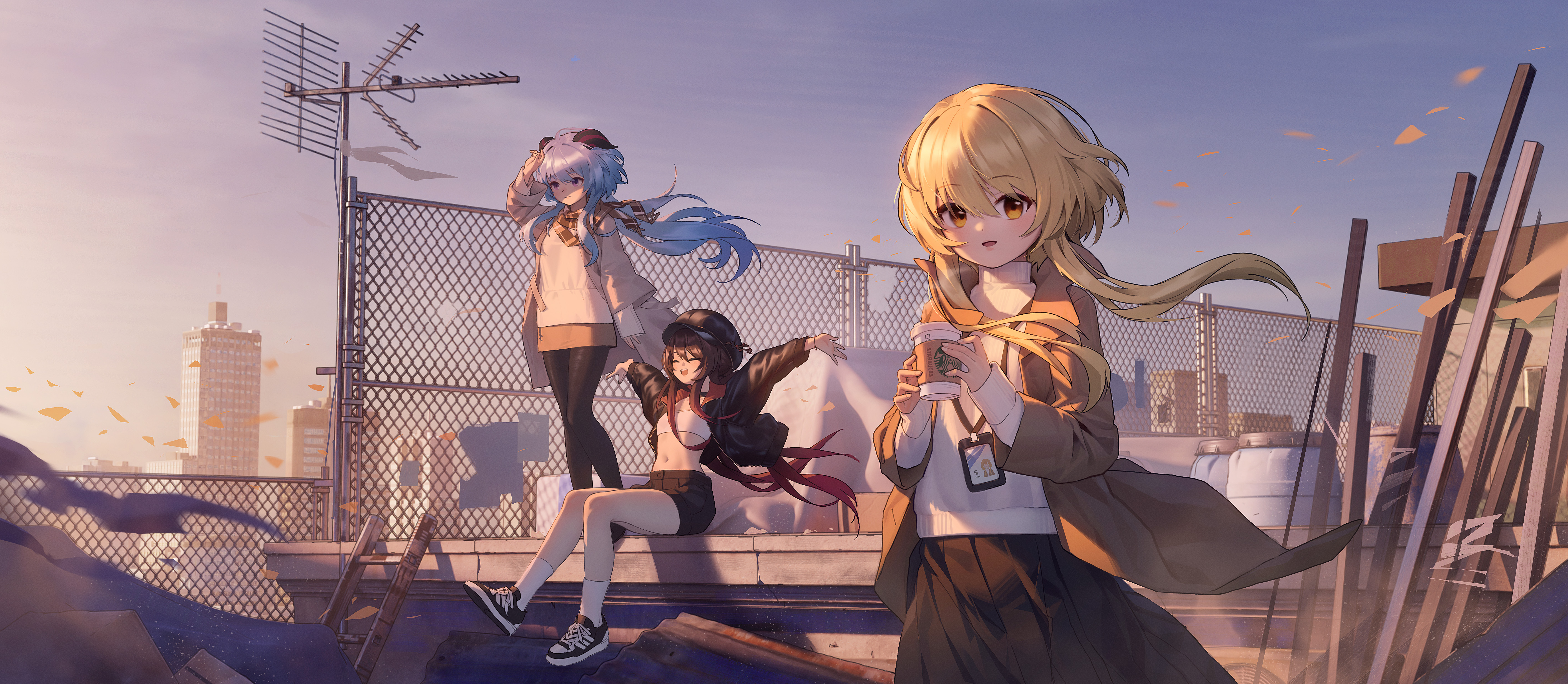 Anime 5648x2465 anime anime girls digital art 2D artwork Pixiv looking at viewer outdoors clear sky belly belly button bare midriff Ganyu (Genshin Impact) Hu Tao (Genshin Impact) Lumine (Genshin Impact) Genshin Impact sunset glow