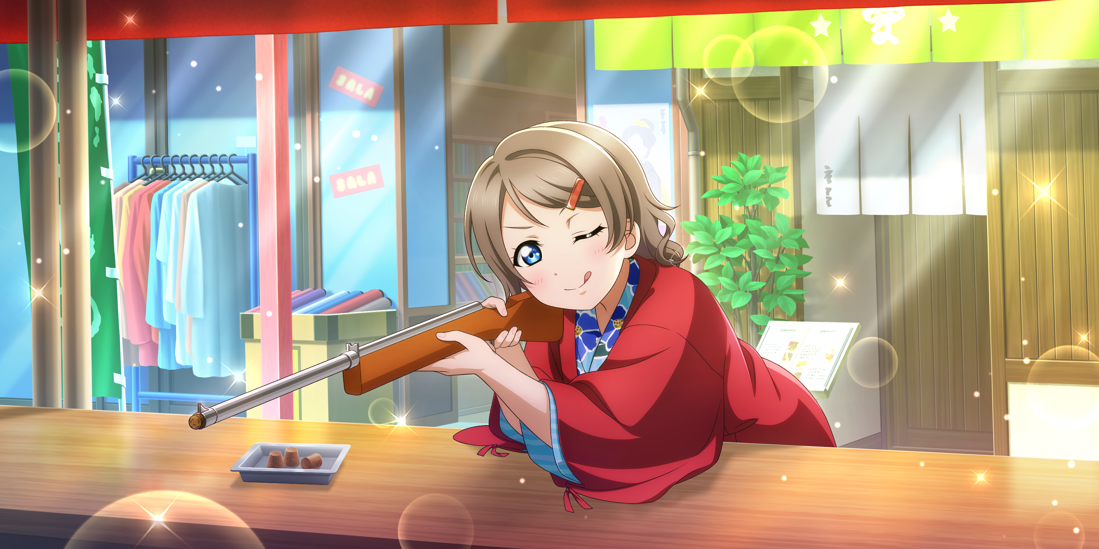 Anime 3600x1800 Watanabe You Love Live! Sunshine Love Live! anime anime girls gun girls with guns tongue out one eye closed bubbles stars clothes leaves kimono