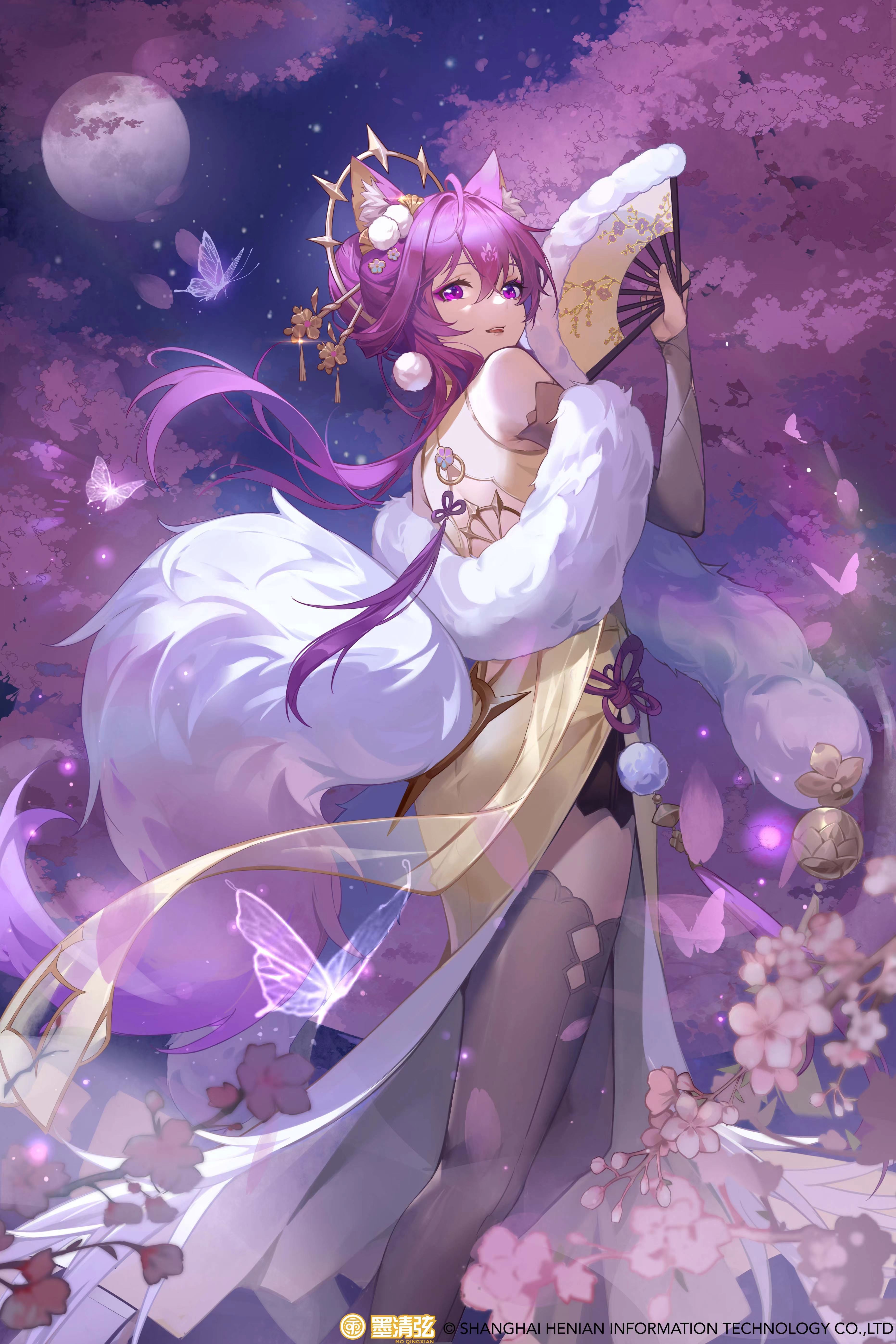 Anime 3726x5589 Mo Qingxian thigh-highs portrait display butterfly looking back animal ears looking at viewer fox tail Vocaloid watermarked cherry blossom Moon full moon purple hair purple eyes long hair yellow dress fox ears detached sleeves sky women outdoors night clothing cutout dress starred sky starry night fans tail trees