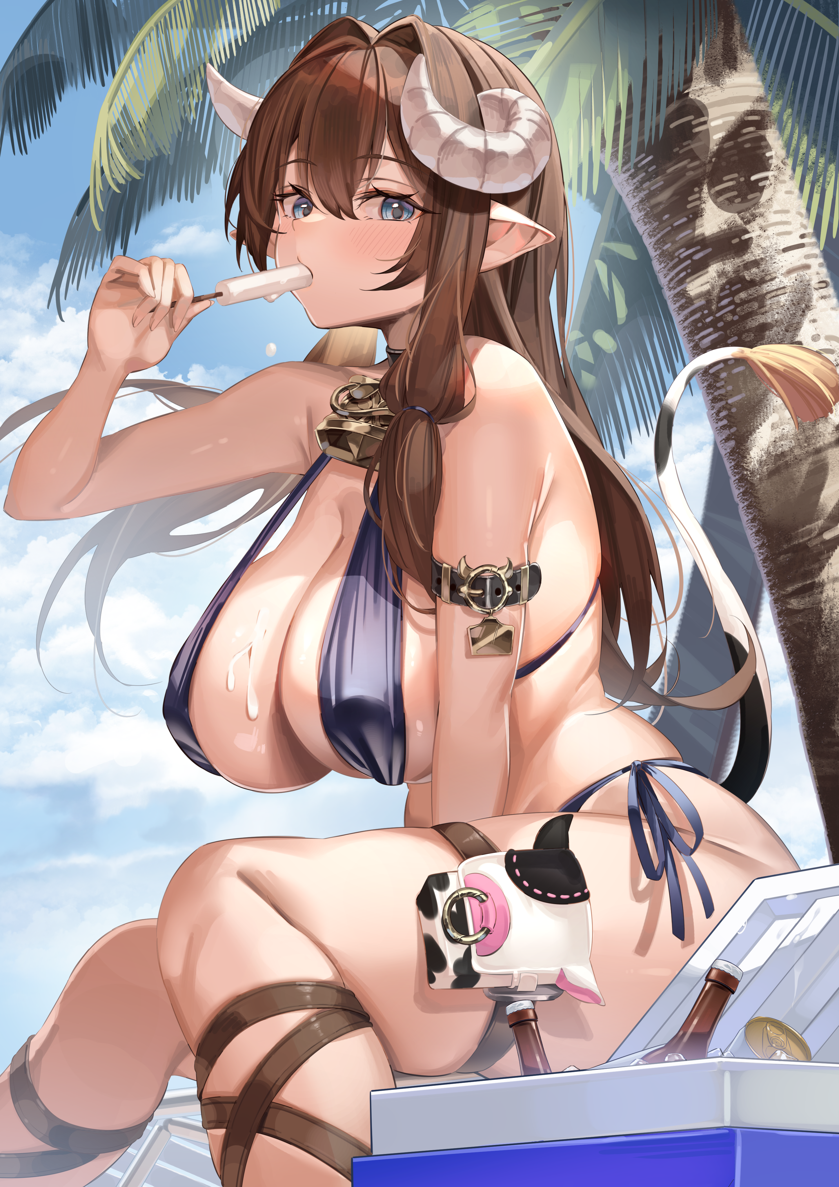Anime 2894x4093 anime anime girls swimwear pointy ears horns cream bikini animal ears SatoumoGumogu huge breasts