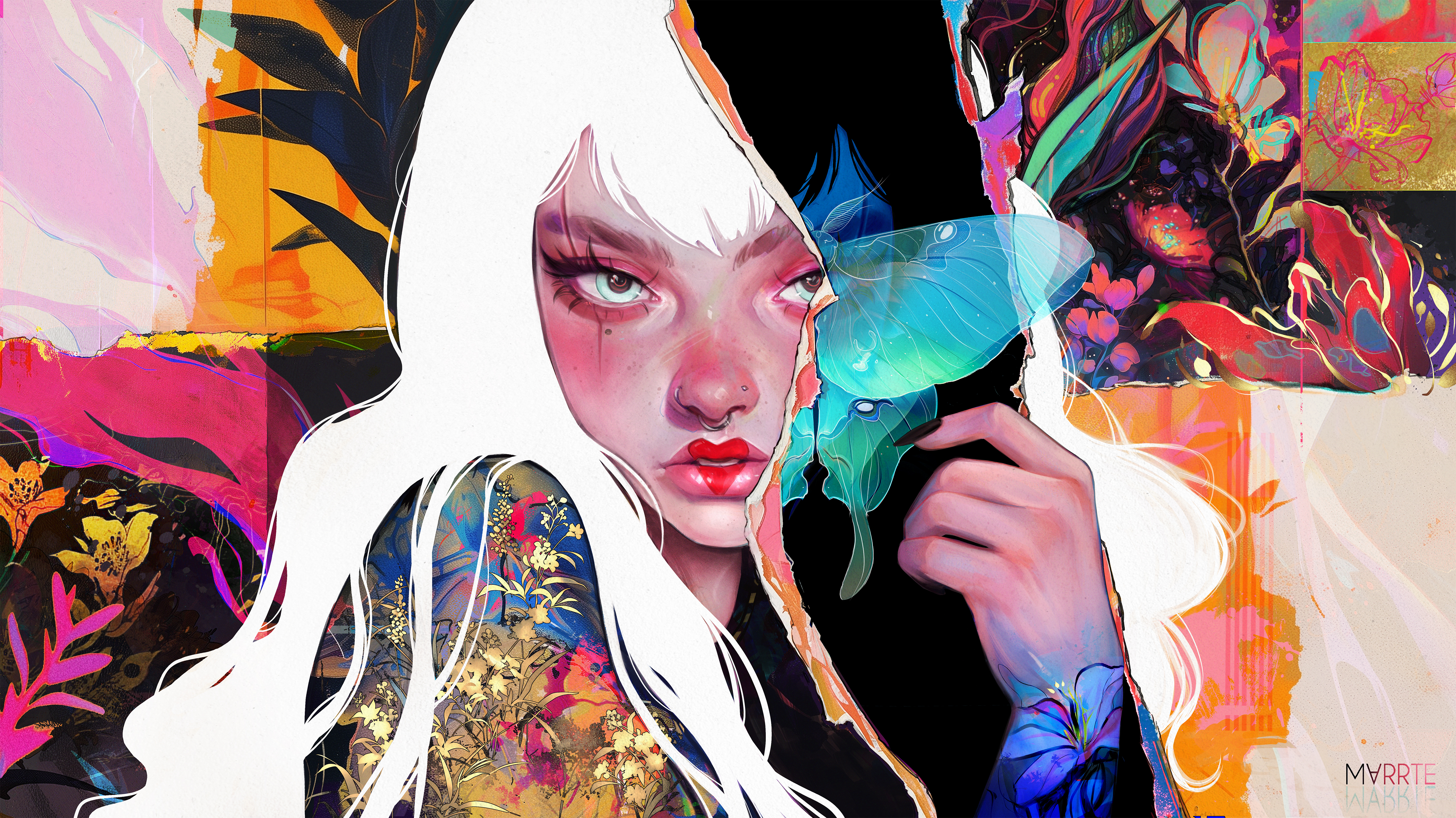 General 5120x2880 digital art artwork illustration women long hair white hair dark hair tattoo abstract portrait face piercing septum ring freckles black nails butterfly flowers looking at viewer red lipstick
