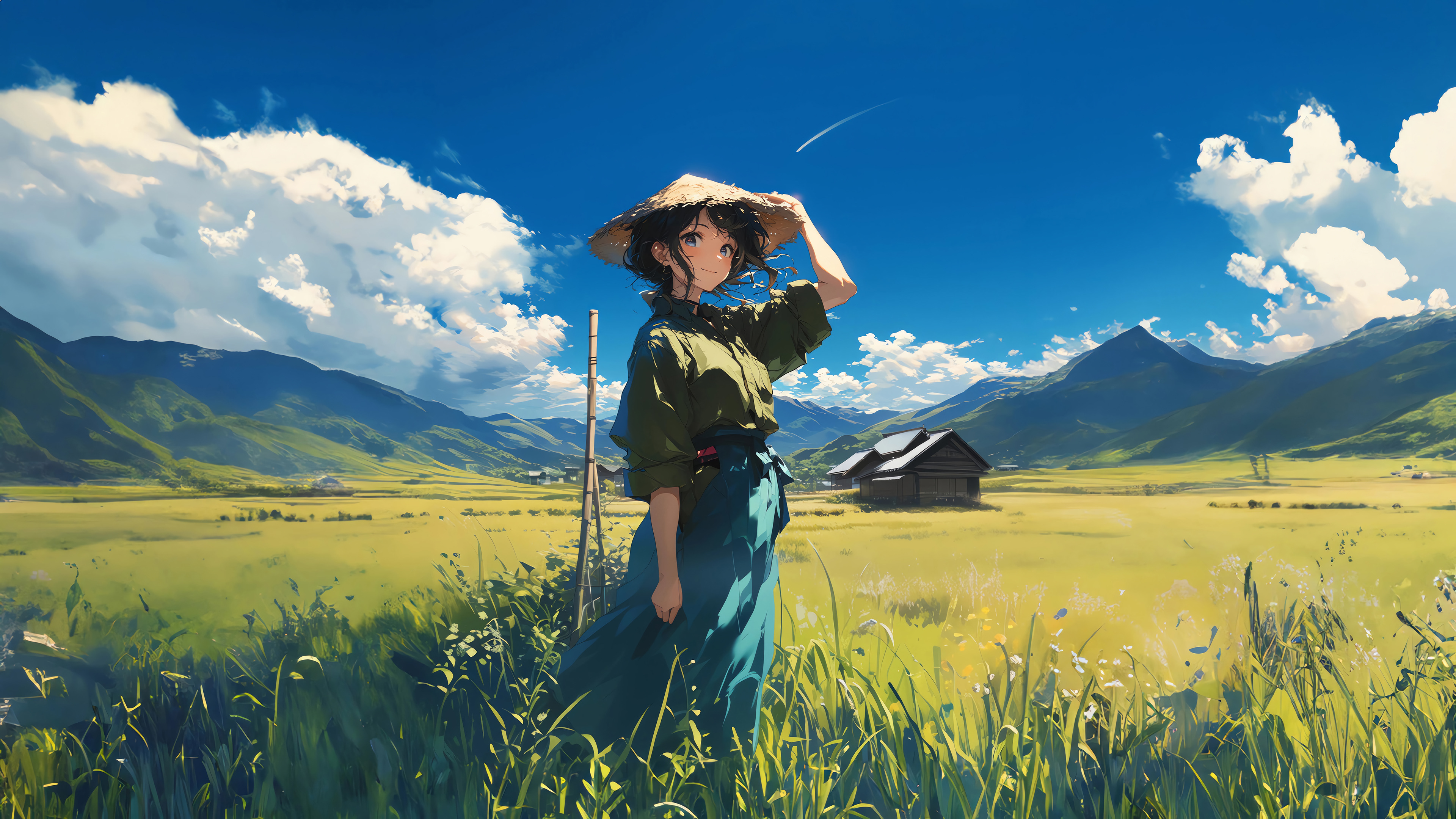 Anime 3840x2160 anime artwork digital art concept art anime girls landscape sky clouds field mountains AI art house painting grass smiling looking at viewer