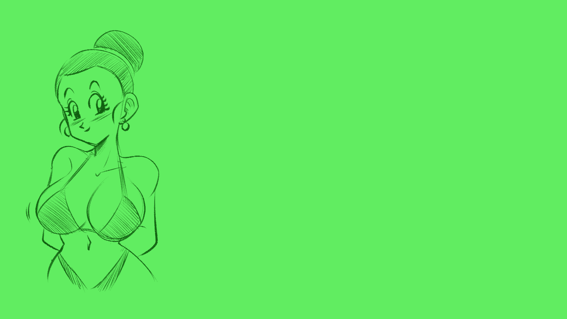 Anime 1920x1080 Chi-Chi Dragon Ball Dragon Ball Z hairbun minimalism sketches bikini boobs big boobs anime girls earring bare shoulders belly button blushing arm(s) behind back smiling hips wide hips straps bra straps monochrome green background simple background