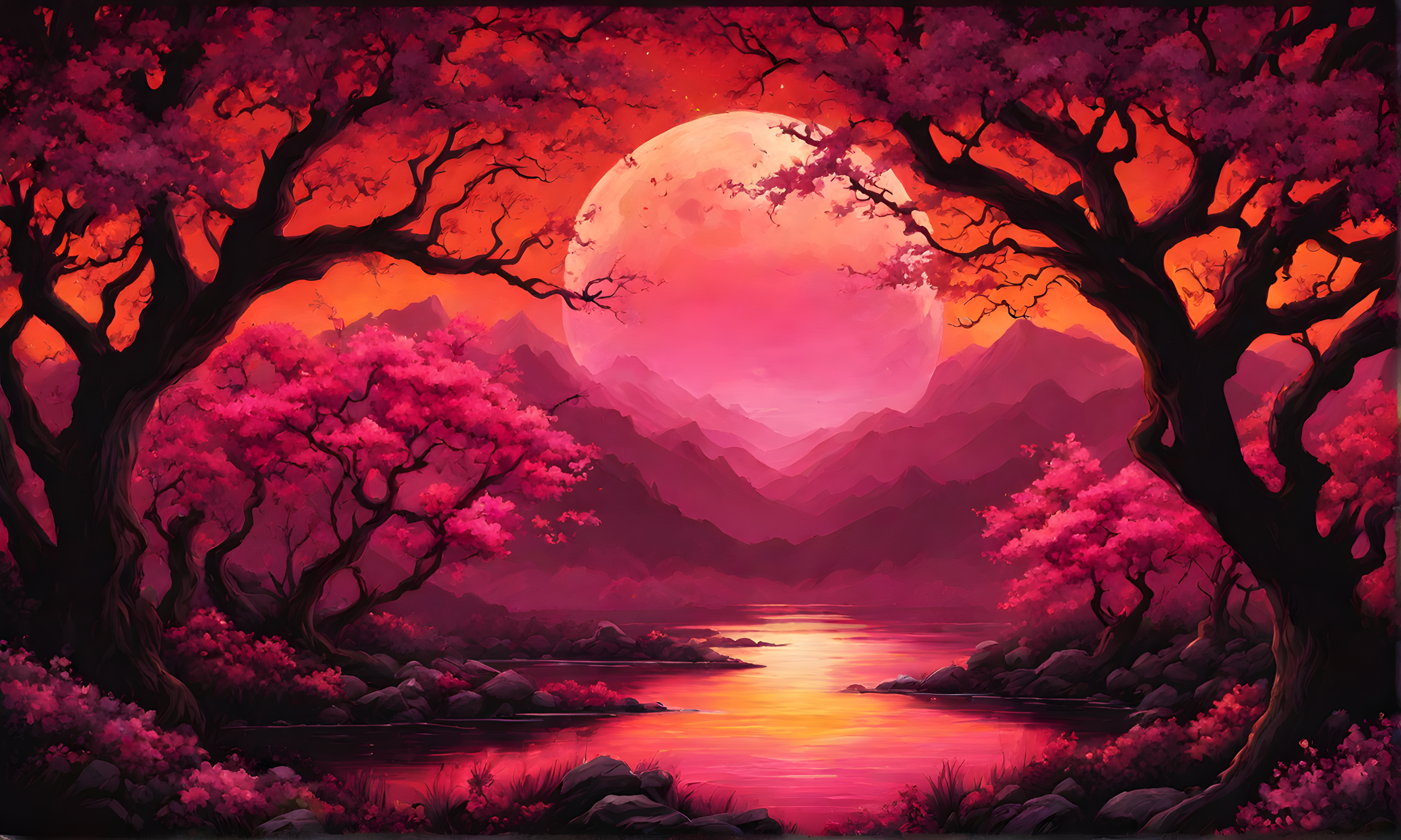 General 5120x3072 nature artwork trees Moon mountains water flowers pink