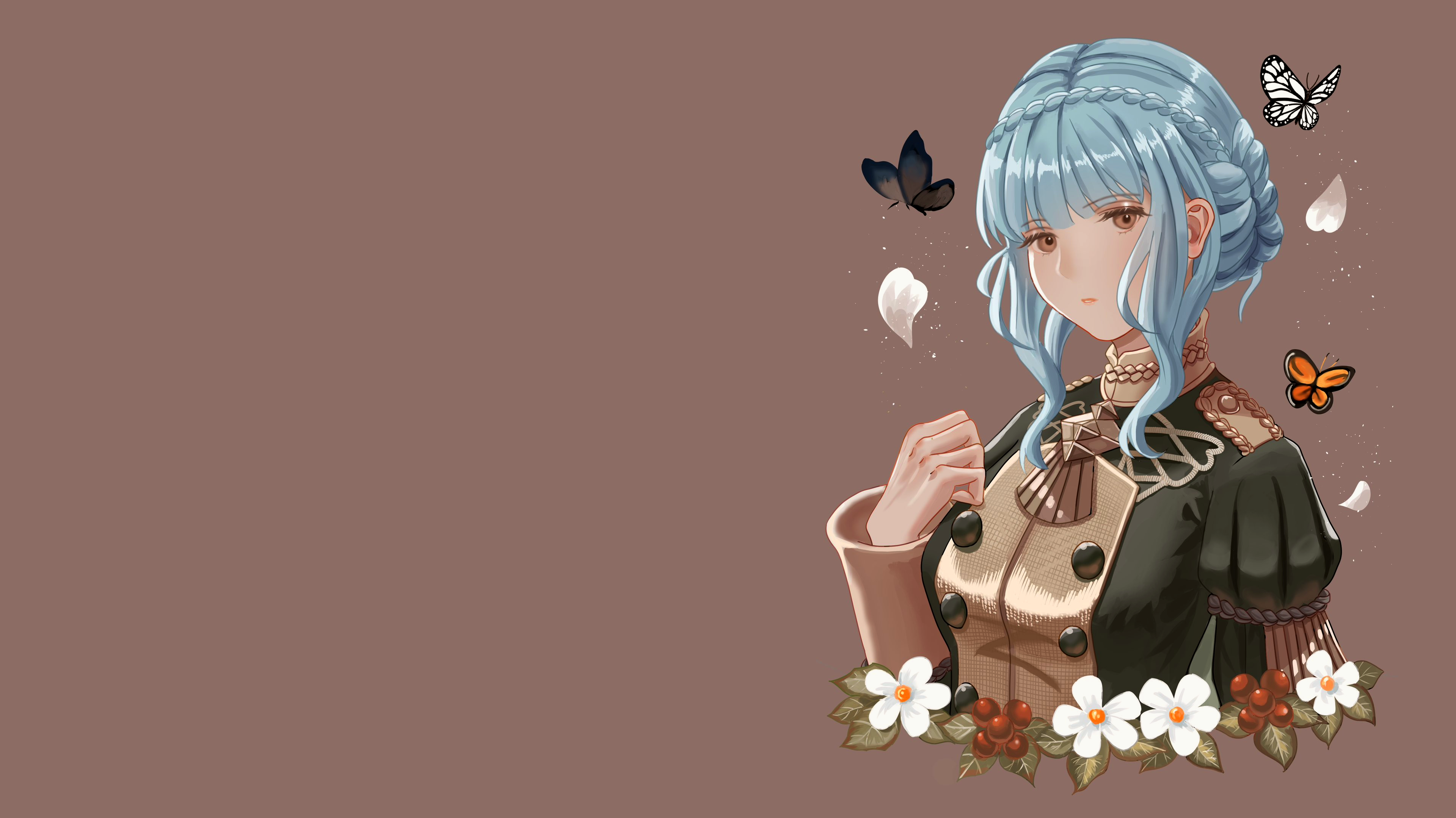 Anime 3840x2160 Nintendo video games video game girls simple background long hair blue hair brown eyes sidelocks marianne von edmund (Fire Emblem) fire emblem three houses Fire Emblem bangs blunt bangs flowers petals butterfly insect uniform brown background