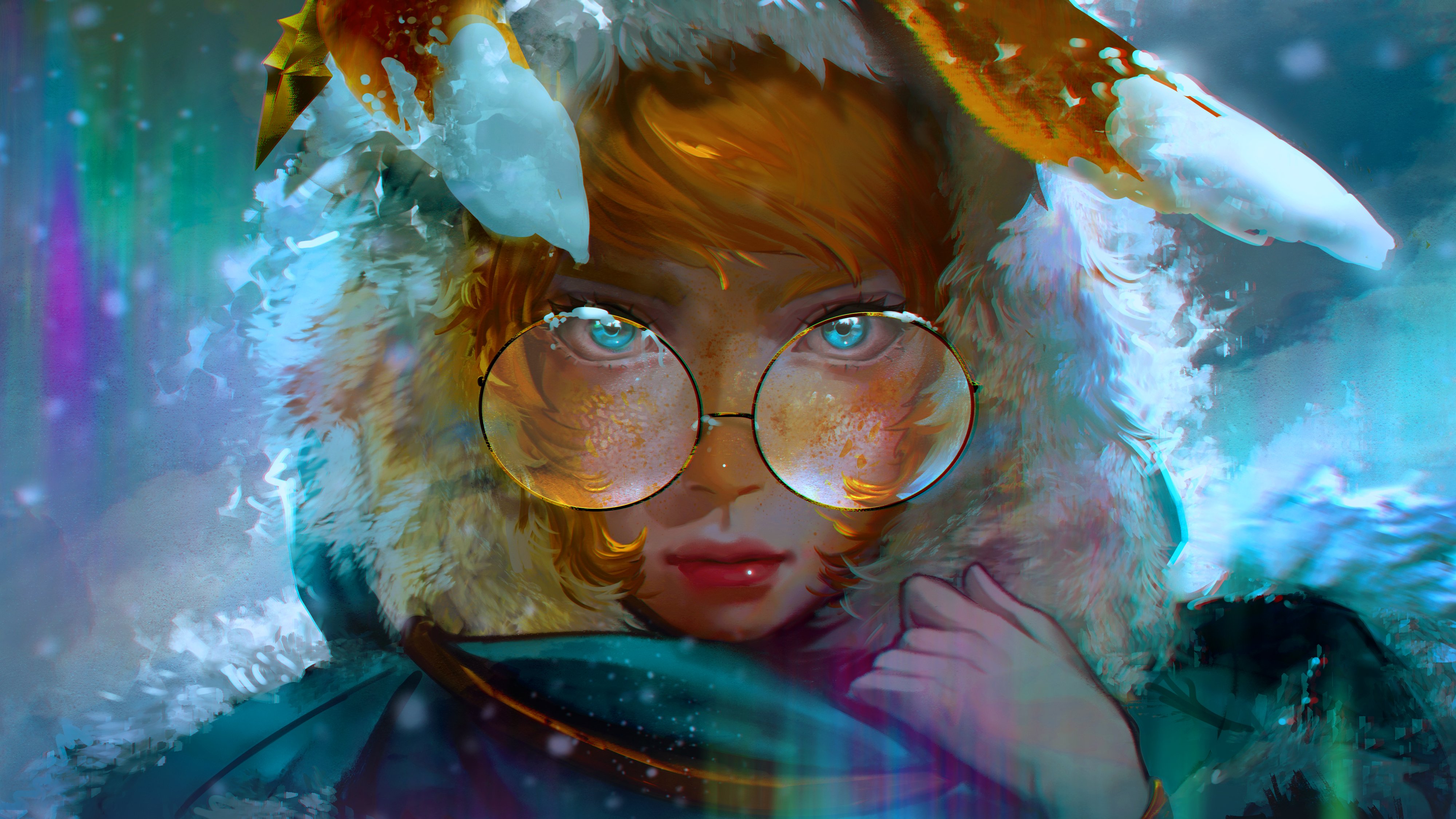 General 4000x2250 League of Legends bunny ears aqua eyes redhead glasses ice snow looking at viewer Aurora (League of Legends)