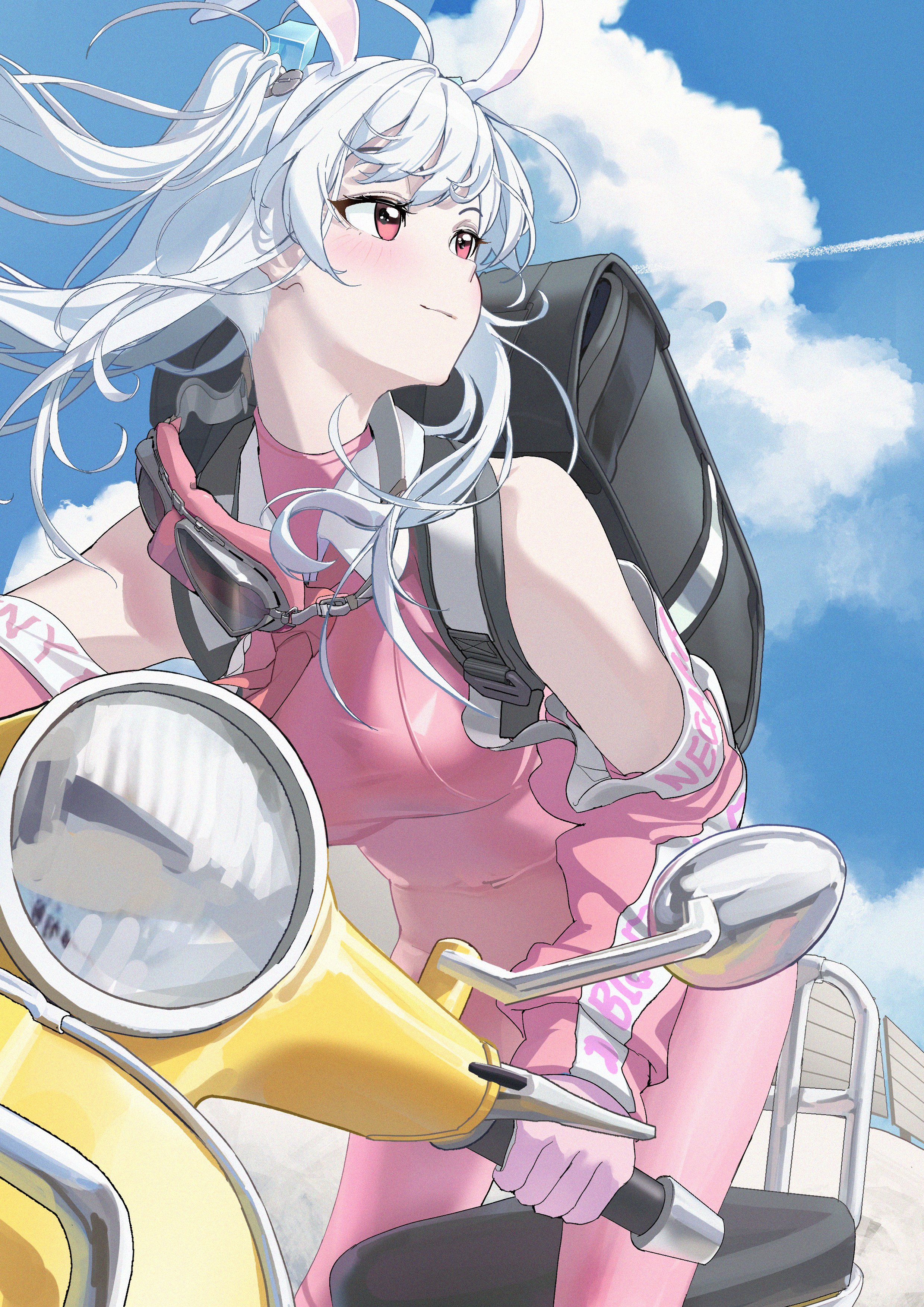 Anime 2480x3508 portrait display white hair Super Bunny (Dduck Kong) women with motorcycles looking sideways bodysuit backpacks closed mouth Yellow Motorcycles clouds women outdoors Vespa detached sleeves scooters women with scooters bag pink bodysuit long hair pink eyes bunny ears Seung Mo Kim gloves hair blowing in the wind