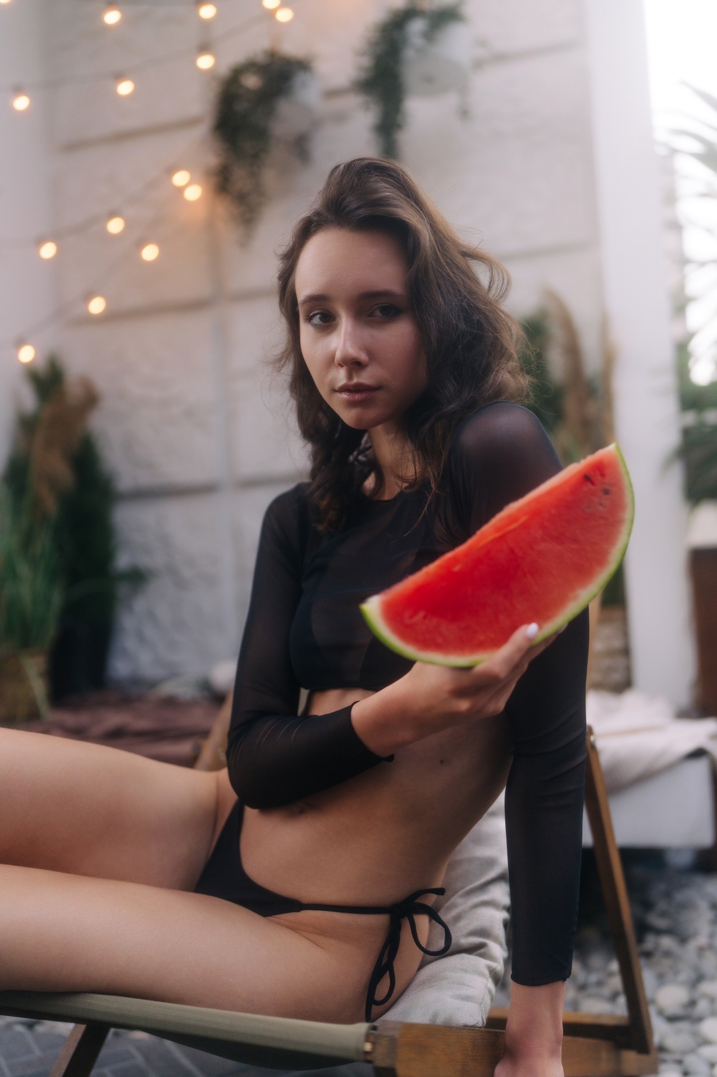 People 1439x2160 Sergey Golubev women Anastasia Grinenko watermelons looking at viewer black clothing bikini bottoms