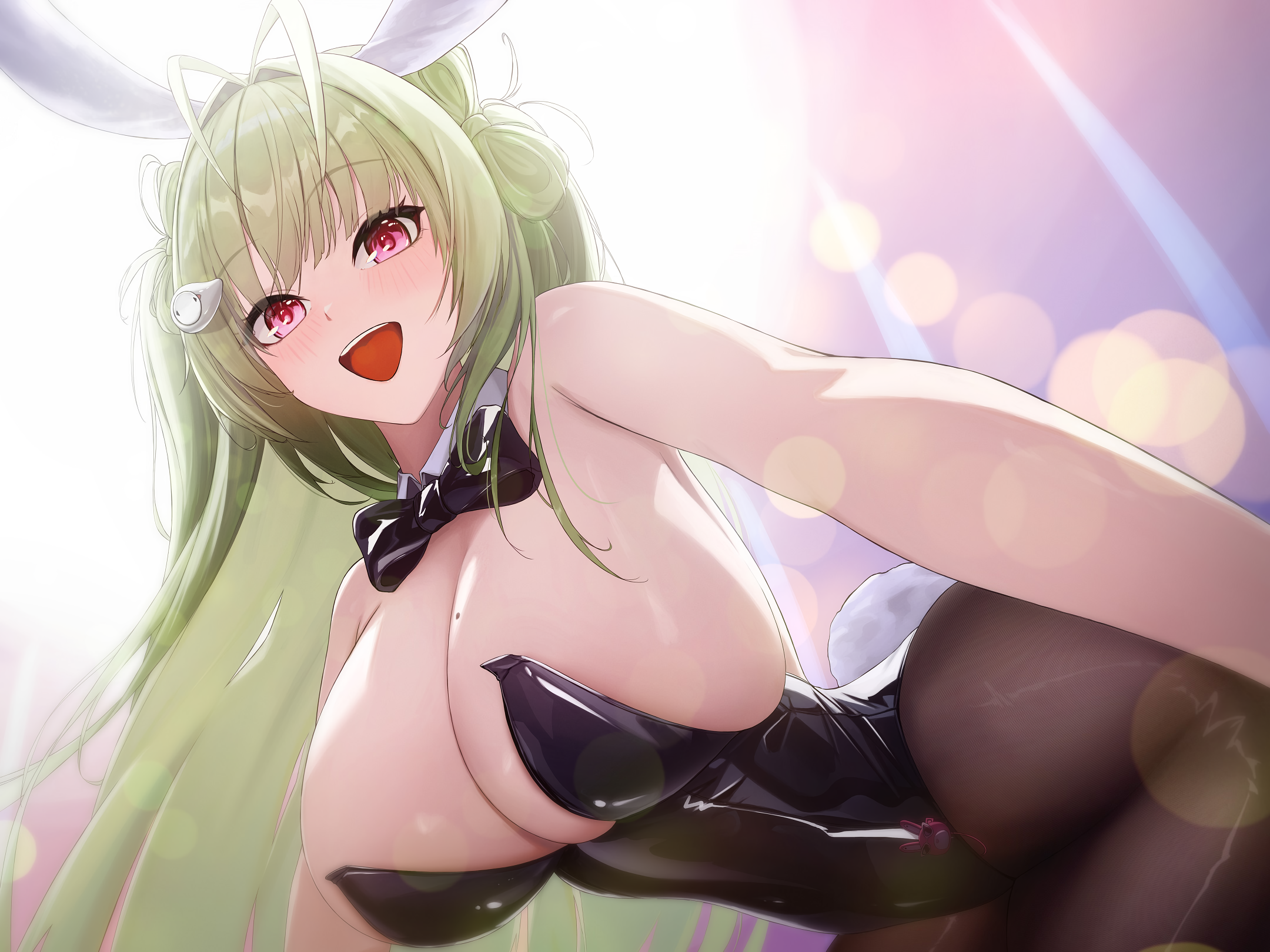 Anime 2160x1620 Nikke: The Goddess of Victory Soda (Nikke: The Goddess Of Victory) bunny suit open mouth bunny girl huge breasts mole on breast bow tie green eyes pantyhose black pantyhose leotard black leotard long hair strapless leotard moles green hair hair ornament simple background tail Siyeong looking at viewer