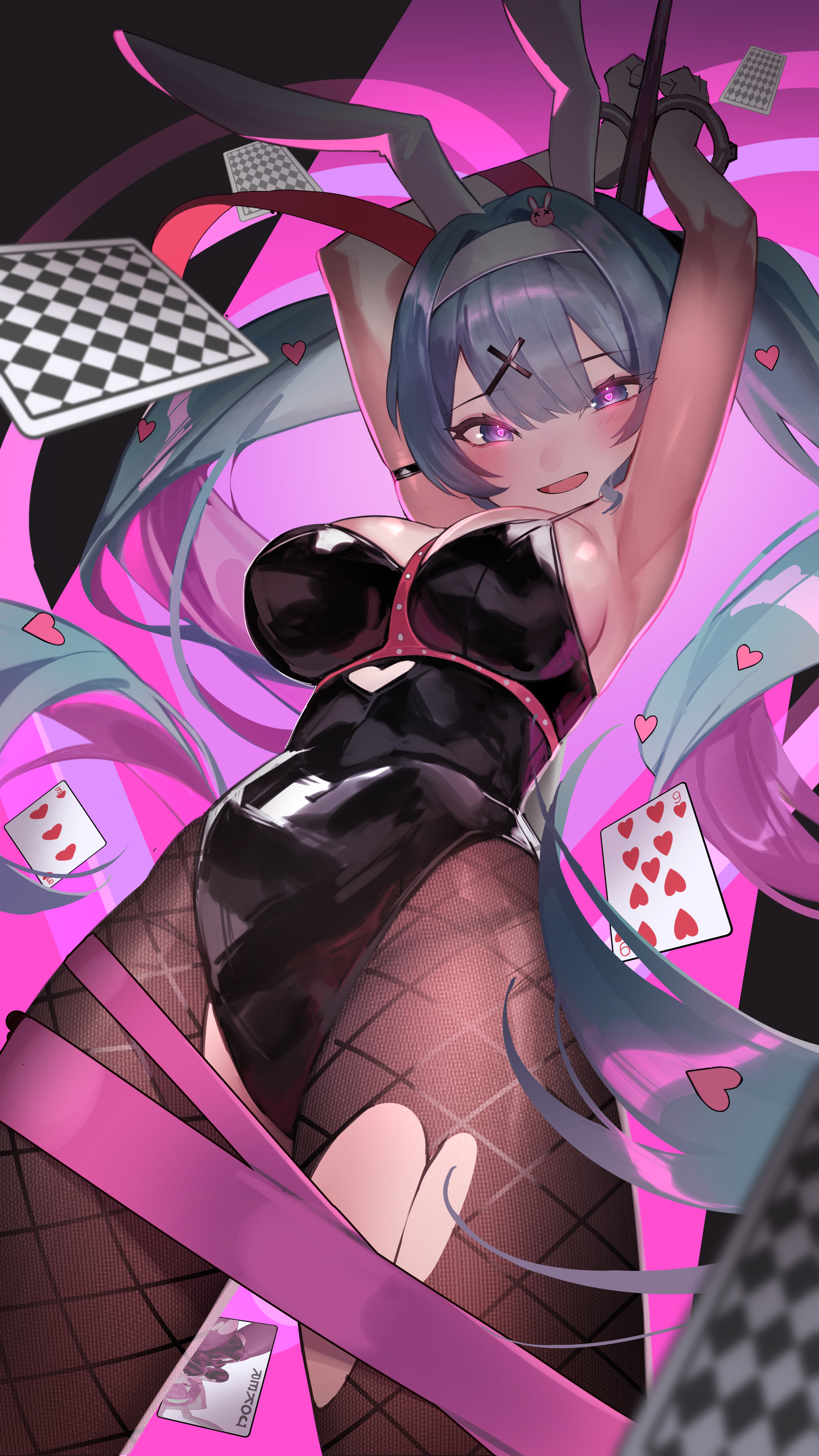 Anime 2269x4035 anime anime girls Vocaloid Hatsune Miku blue hair blue eyes twintails heart eyes pantyhose torn pantyhose torn clothes cards heart looking at viewer glowing eyes leotard handcuffs handcuffed dancing poles low-angle hearts (cards) hairband animal ears bunny ears ribbon pink ribbon gloves white gloves blushing portrait display fishnet pantyhose bound arms up black leotard red ribbon armpits