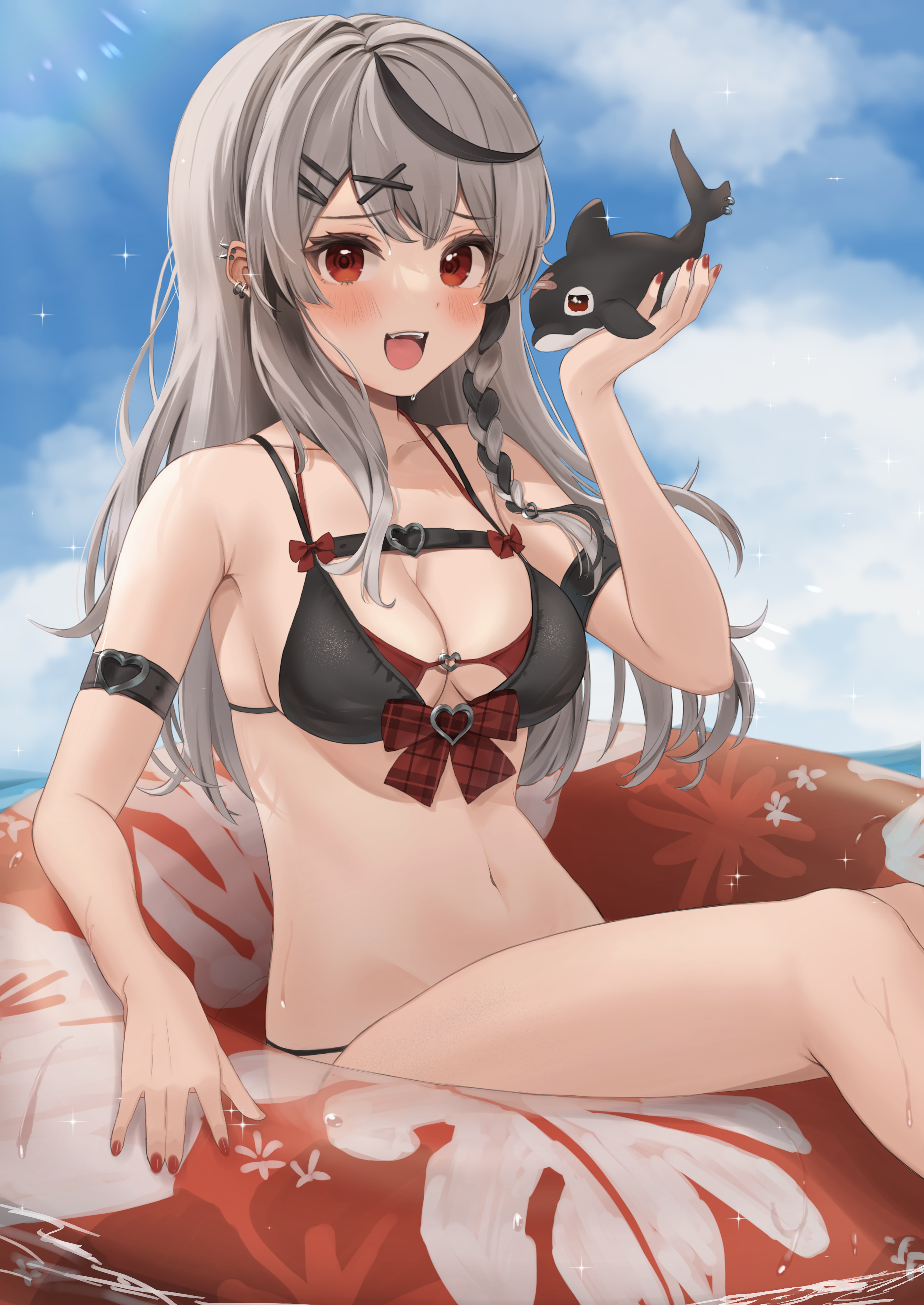 Anime 2508x3541 anime anime girls Virtual Youtuber Hololive Sakamata Chloe bikini floater red eyes sky clouds orca blushing open mouth painted nails red nails cleavage portrait display big boobs looking at viewer two tone hair